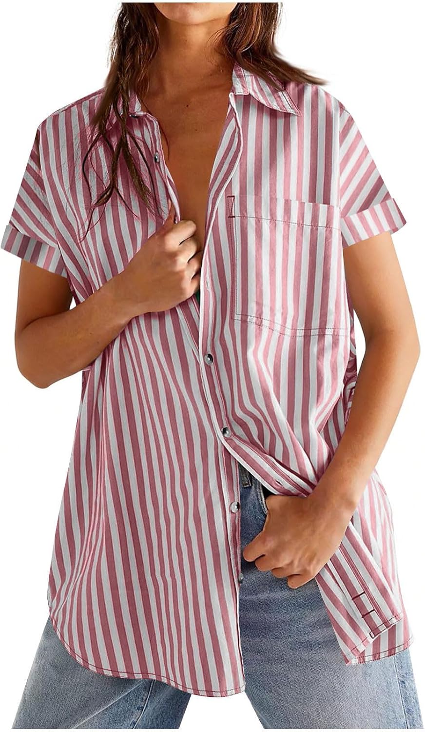 Short Sleeve Button Down Shirts for Women Plus Size Striped Summer Tops Dressy Casual Travel Vacation Blouses