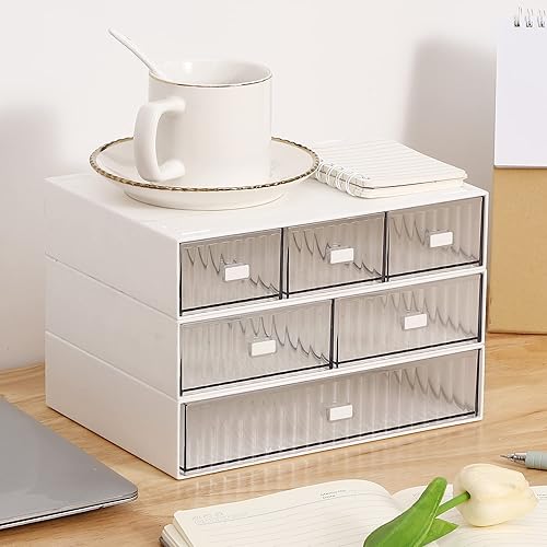 Ykpoqir Organizador de escritorio con 6 cajones, caja de almacenamiento de escritorio de plástico transparente, organización de escritorio para