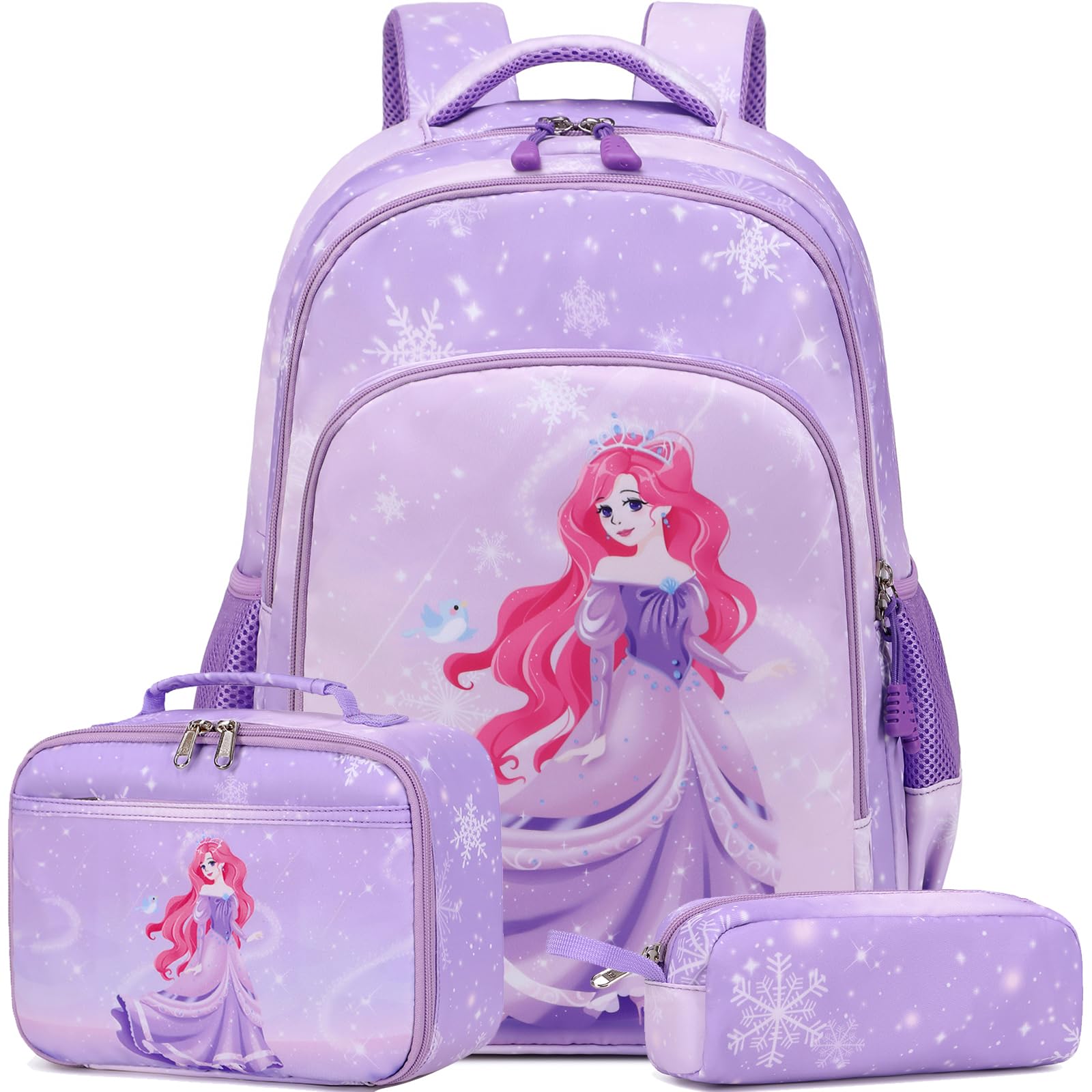 Dafelile Backpack Unicorn for Girls School Preschool Backpack for Girls 3 IN 1 School Bookpack Set with Lunch Bag Pencil Bag, Princess Backpack - Purple, One Size, Backpack