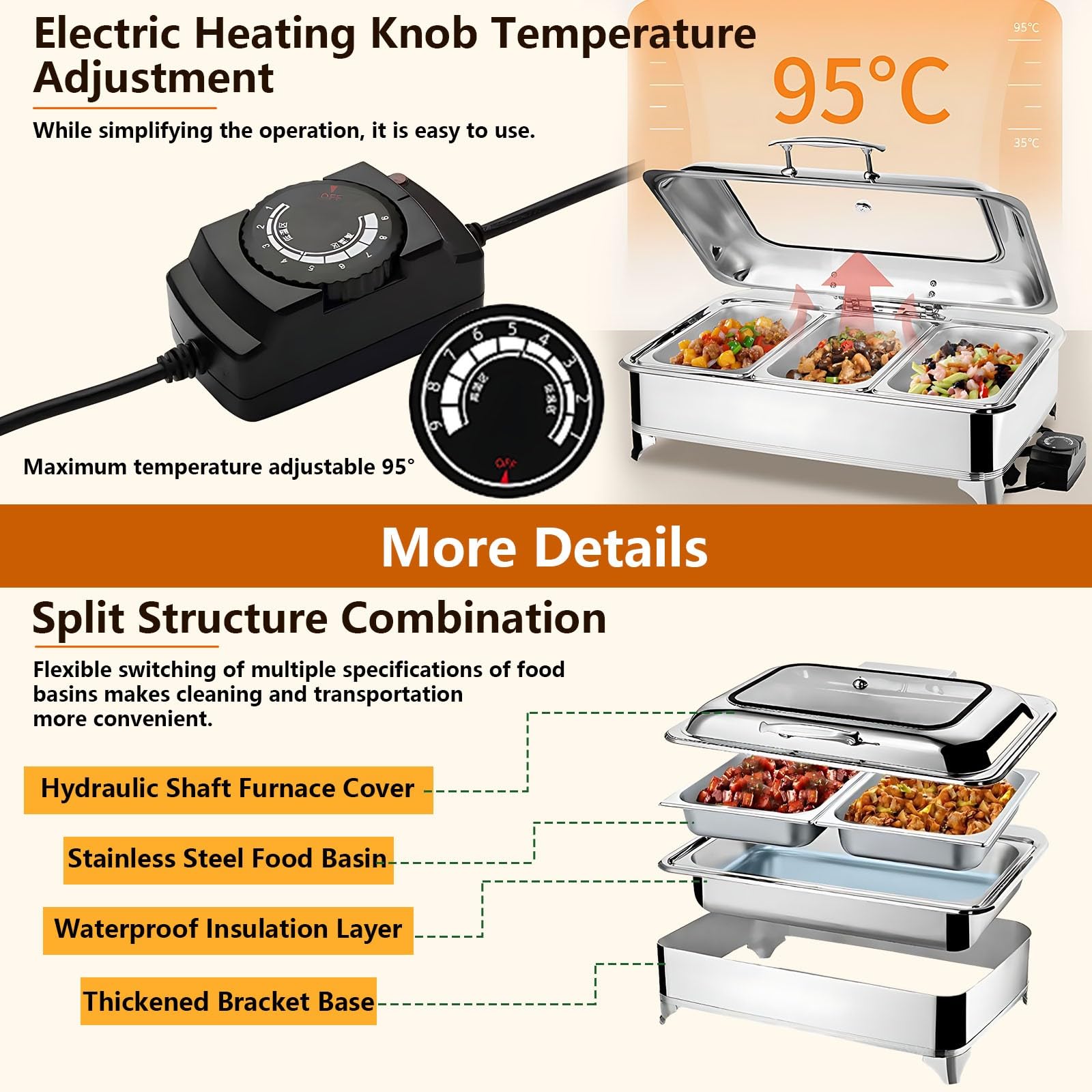 Chafing Dish Elettrico, 9L Scaldavivande Elettrico per Buffet Acciaio Inox, Chafing Dish Buffet Elettrico Temperatura Regolabile con Coperchio Visibile(A, 1/2 PAN)