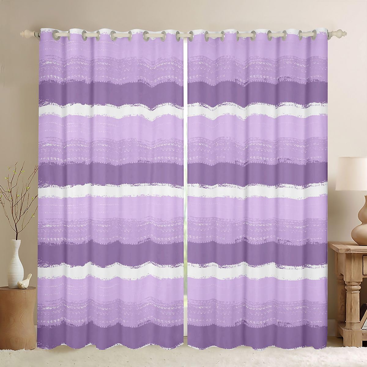 Feelyou Stripes Curtains for Bedroom Living Room Purple and White Blackout Shades Geometric Room Darkening Curtain Modern Striped Art Window Treatments, 2 Panels 42 x 90 Inch Luxury Decor