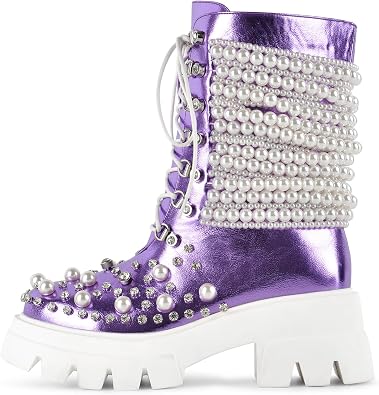 Womens Pearls Rhinestones Studded Platform Ankle Boots Lace Up Strappy Block Heels