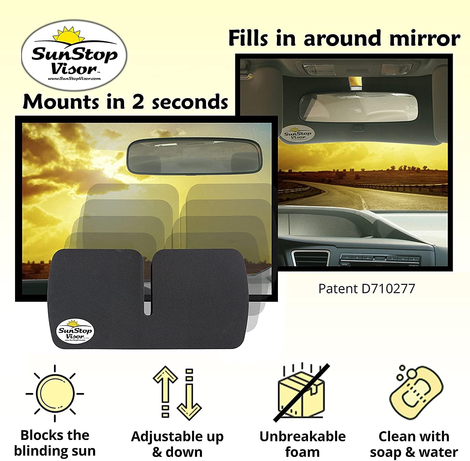 SunStop Sun Visor for Car Mirrors – Universal Clip On Sun Shade – Windshield Sun Glare Car Visor – Sun Visor Extender Sun Blocker for Car Mirrors – Automotive Sun Protection Visor, Charcoal - 2 Pack