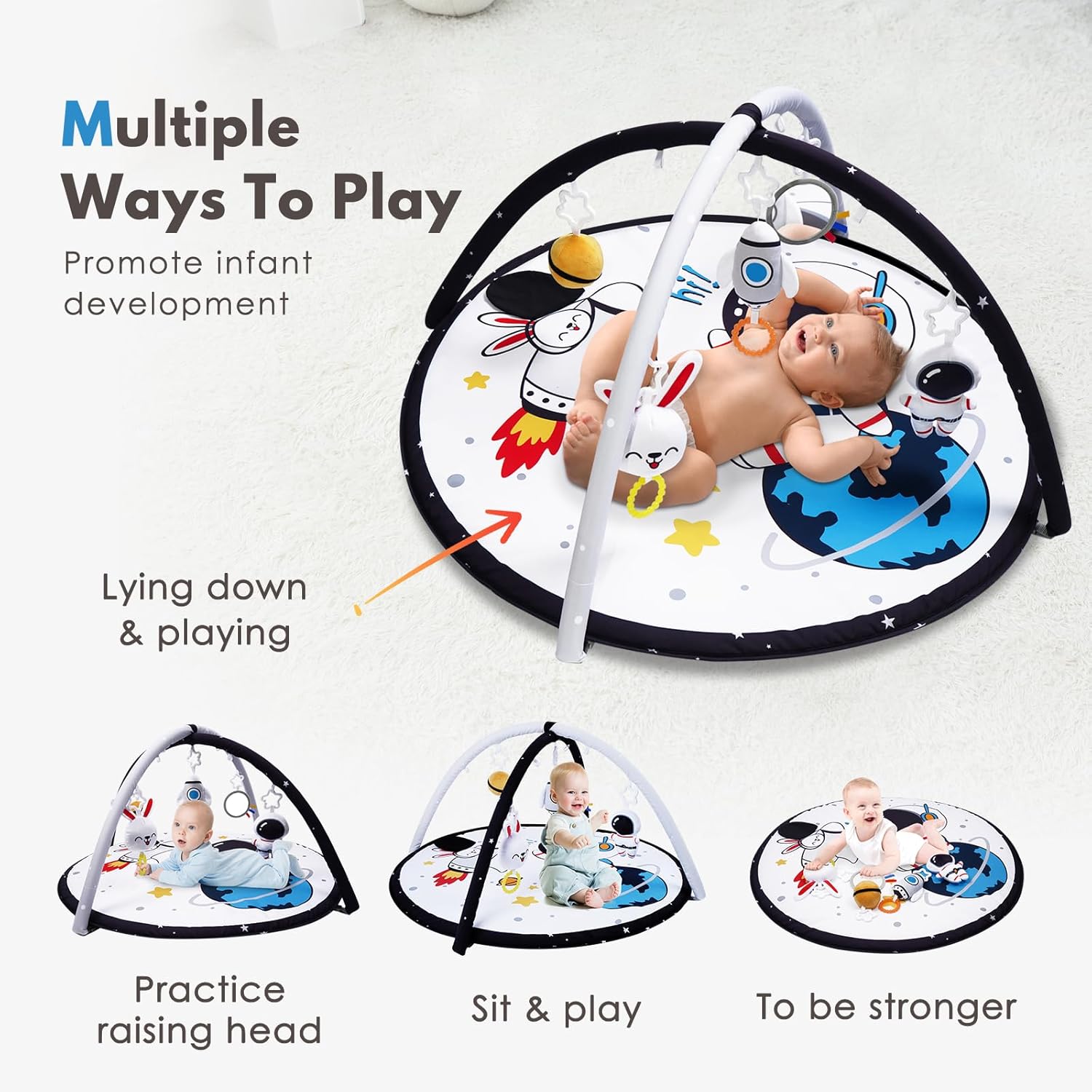 Lovvie & Joy Baby Play Activity Gym Tummy Time Mat for Newborn Infant,Baby Gyms & Playmats for Babies 0-6 9 12 Months with 5 Toys for Early Sensory Exploration and Motor Skill Development Space