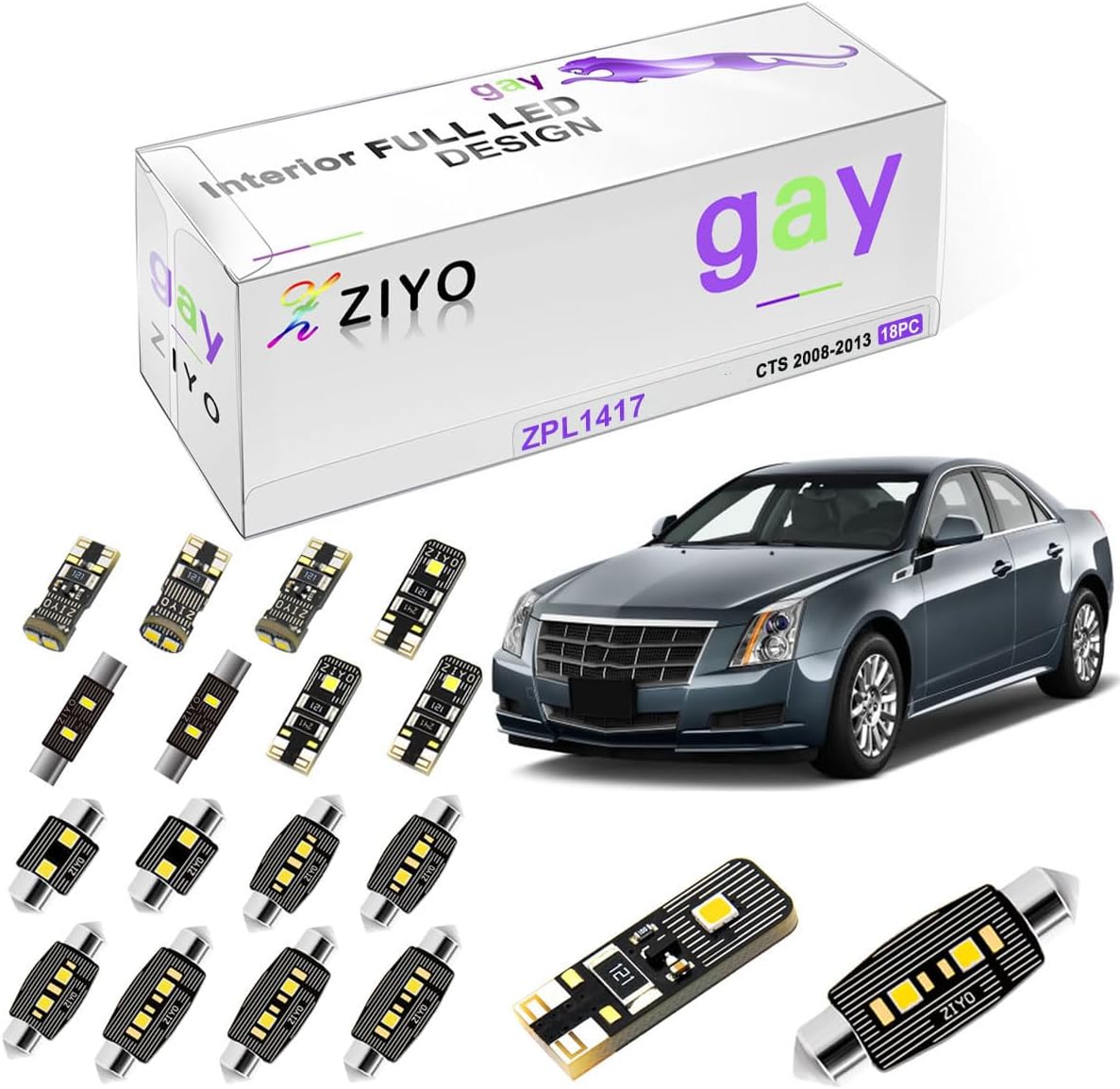 ZIYO ZPL1417- (18 Bulbs) LED Interior Light Kit Replacement for Cadillac CTS 2008-2013 + License Plate Light Bulbs Package, White Dome Lights Upgrade