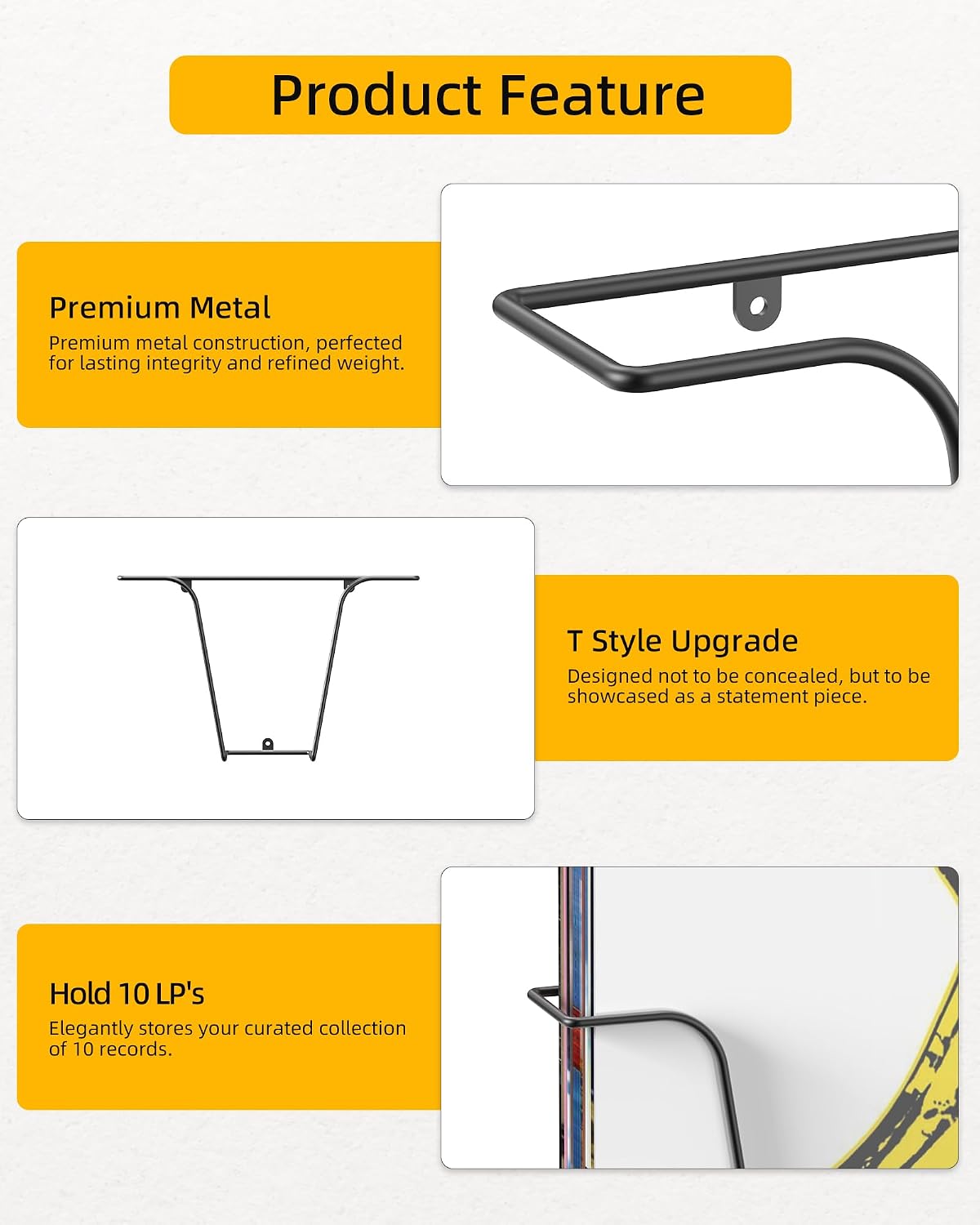 Vinyl Wall Mount Set of 2, Vinyl Holder Wall T Shape, Wire Hanging Record Holder, Record Display shelves, Metal Floating Shelves for Records, Hanging Album Storage Modern image 4