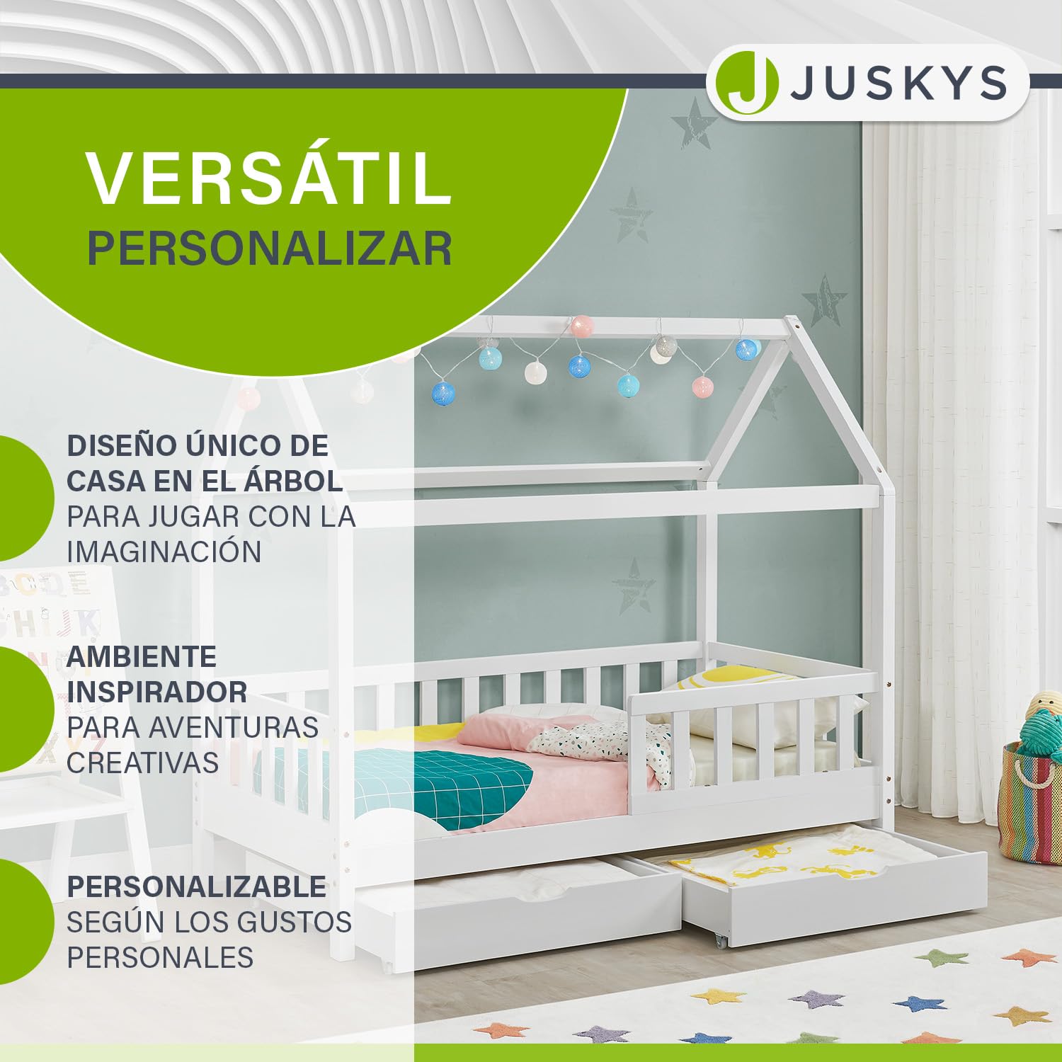 Juskys Cama Infantil Marli 80 x 160 cm con canapé de 2 Piezas, protección anticaída, somier y Techo - Cama de Madera Maciza para niños - Cama en Blanco