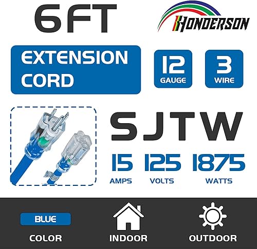 Miniatura 109 de Cable de extensión iluminado para exteriores 12/3 de 6 pies, calibre 12, 3 puntas, SJTW, resistente cable de extensión rojo neón con enchufe de 3