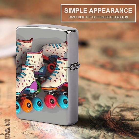 Retro Roller Skates Colorful Metal Lighter Case, Durable Lighter Protective Cover with Personalized Graffiti Design Easy to Install, Universal Fit for Standard Lighters, Stylish & Unique Idea
