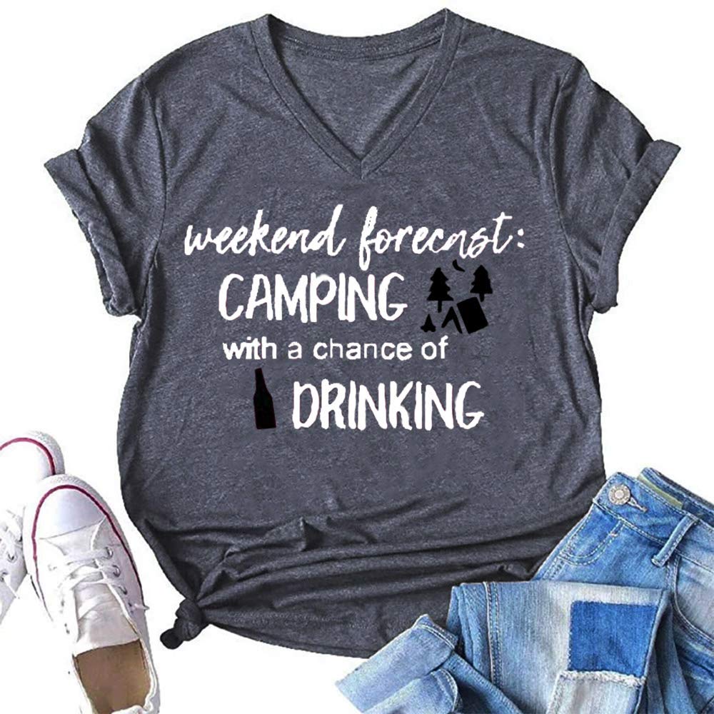 EXMIUNWeekend Forecast Camping Shirts Women Happy Camping Tshirt Funny Letter Graphic Print Tee Shirts V Neck Casual Top Blouse