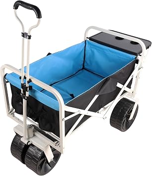 Folding Utility Wagon Cart with All-Terrain Wheels, Heavy Duty Steel Frame, Blue Canvas, Cup Holders White + Blue