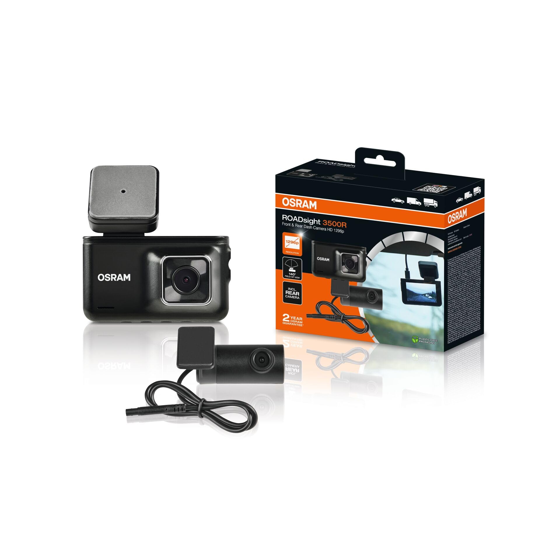 OSRAM ROADsight 3500R Dash Camera z kamerą cofania, rozdzielczość HD 1296p, wyświetlacz 3 cale, szeroki kąt widzenia 140°, czujnik G, 30 kl./s, tryb parkowania, funkcja HDR, obsługa kart SD