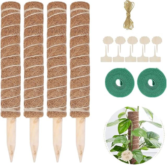4 sztuki prętów z mchem, 40 cm, kijek do roślin, monstera, pomoc dla roślin pnących z 10 tabliczkami na rośliny, 2 rolki opaski kablowe na rzep, sznurek jutowy o długości 2 m, do nazwy roślin, domu, ogrodu,