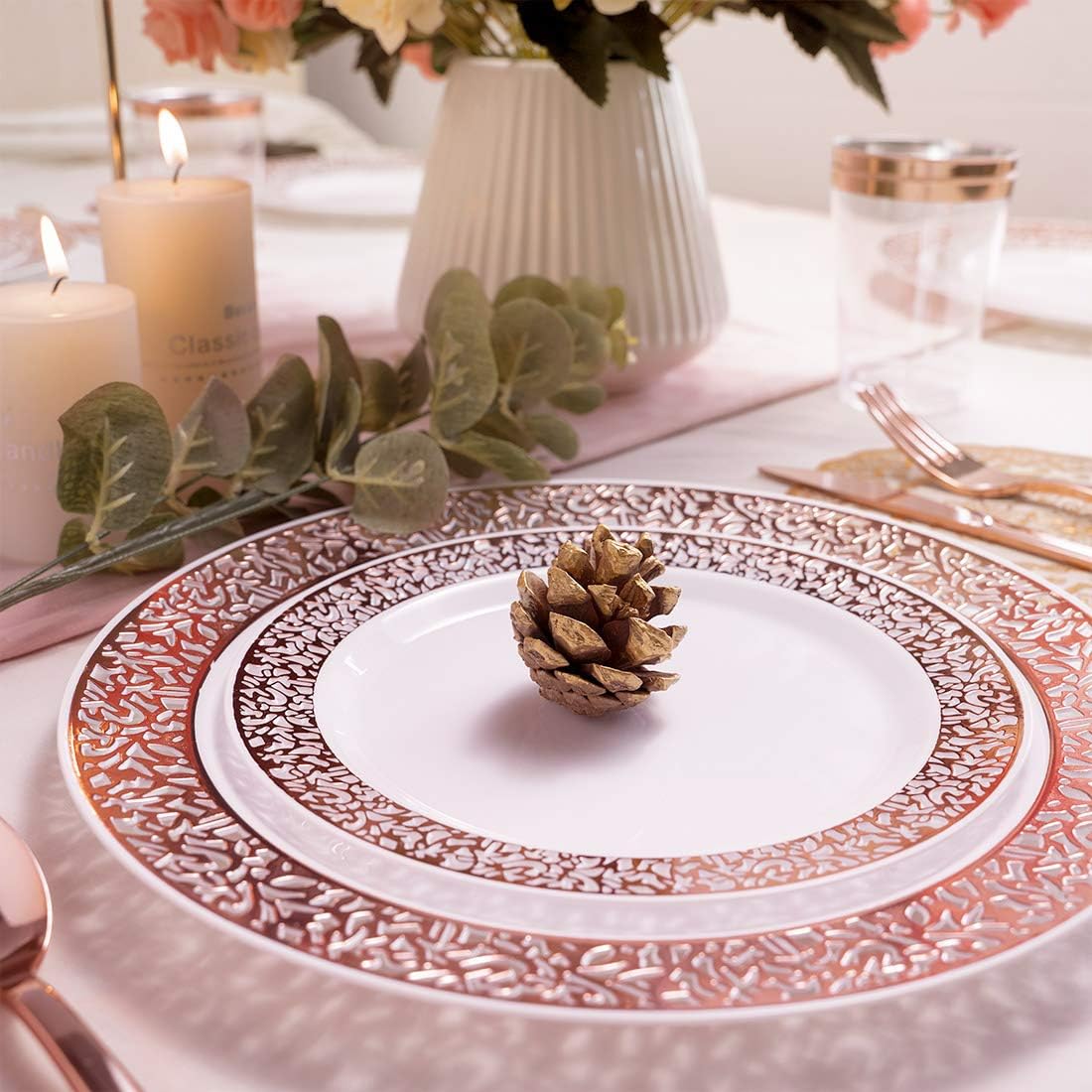 N9R 150pcs Rose Gold Plastic Plates with Disposable Plastic Silverware Set, Elegant Lace Dinnerware Sets Include 25 Dinner Plates, Dessert Plates, Forks, Knives, Spoons and Mini Forks