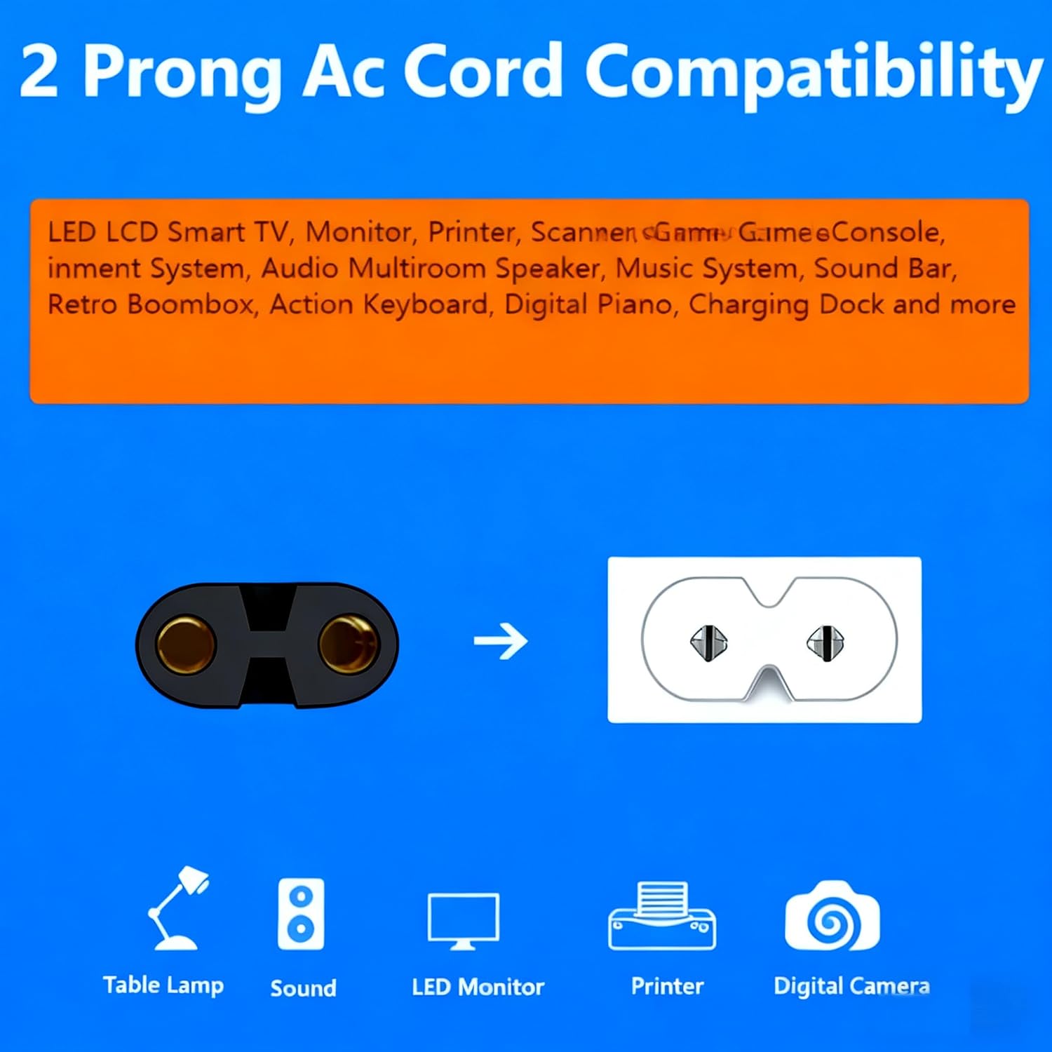 Power Cord Replacement for Bose Wave Music System AWRCC1 Radio CD Player, JBL PartyBox Charger - 2 Prong AC Cable