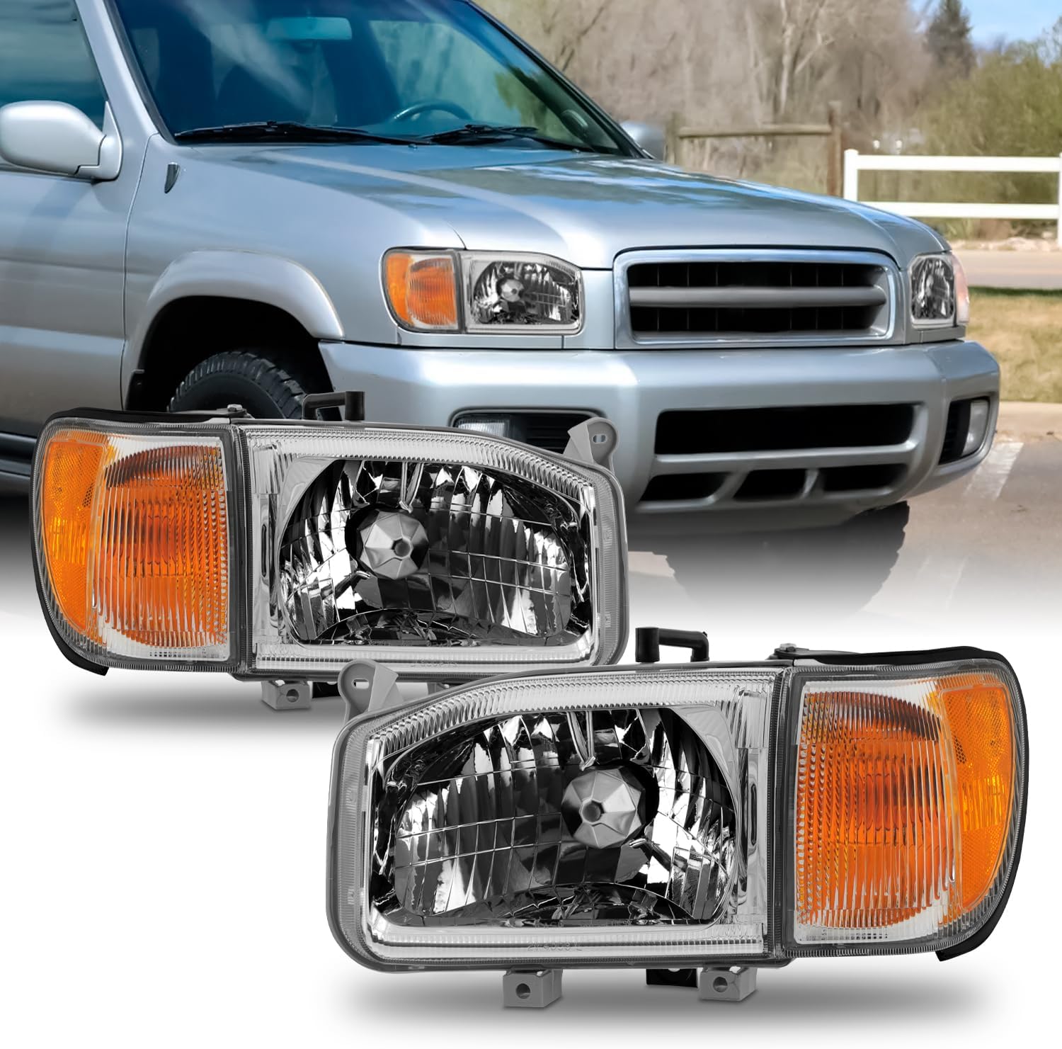 AKKON - Fit 1999 2000 2001 2002 2003 2004 Nissan Pathfinder 99-04 Halogen Type w/Corner 4pcs Headlights Headlamp OE Style Chrome