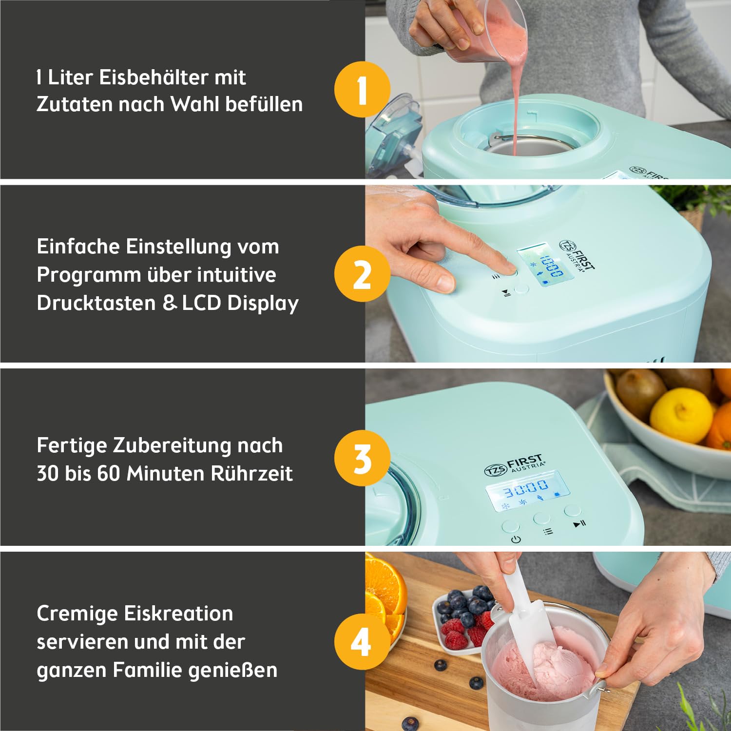 TZS First Austria - Eismaschine 1L mit Kompressor 3 in 1 - Ice Cream Maker 100W selbstkühlend für Frozen Joghurt, Sorbet & Eiscreme - Kleine Speiseeismaschine inkl. Messbecher & Spatel - Mint