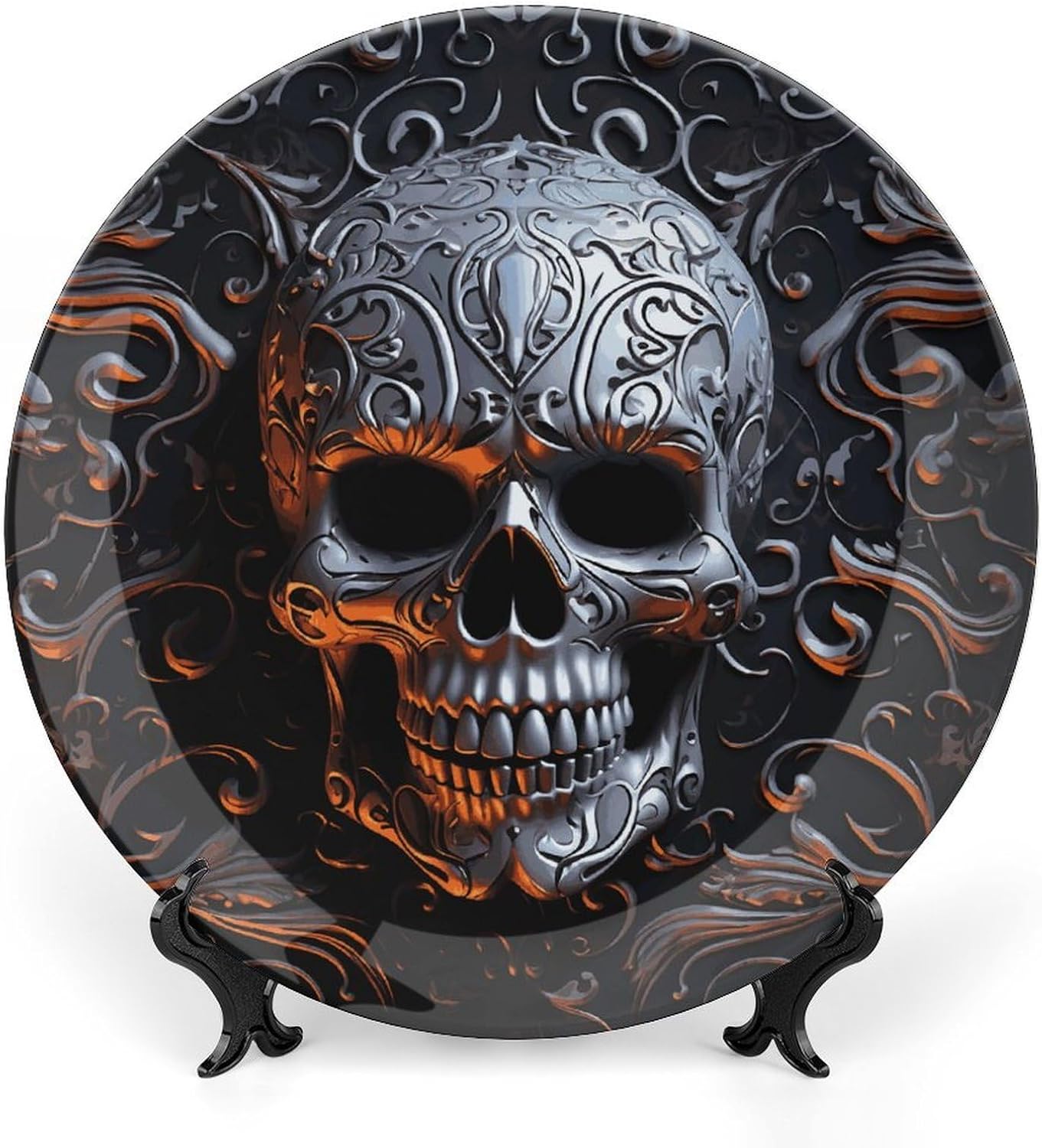 Cool Skull Graphics Ceramic Plate 10inch Decorative Bone China Wall Hanging Ornament Plates Bohemian Style Dinner Plate with Display Stand Cabinet Display Plates for Home Art Decor