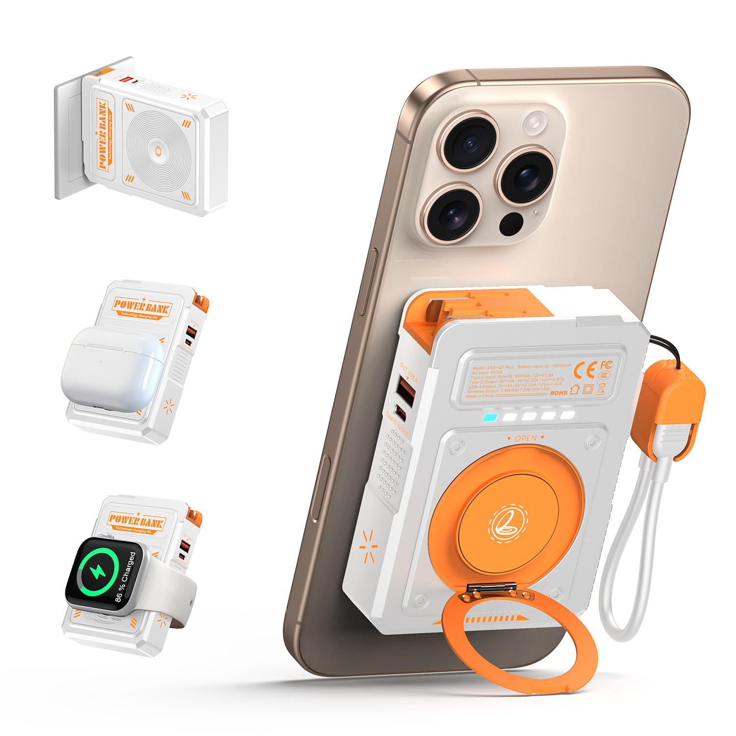 for Magsafe Battery Pack 10000mAh,5-in-1 Magnetic Power Bank Built in AC Plug,Magnetic Wireless Portable Charger for Apple Watch,22.5W Fast Charging Power Bank for iPhone 16 Pro Max/15/14/13/12 Mini