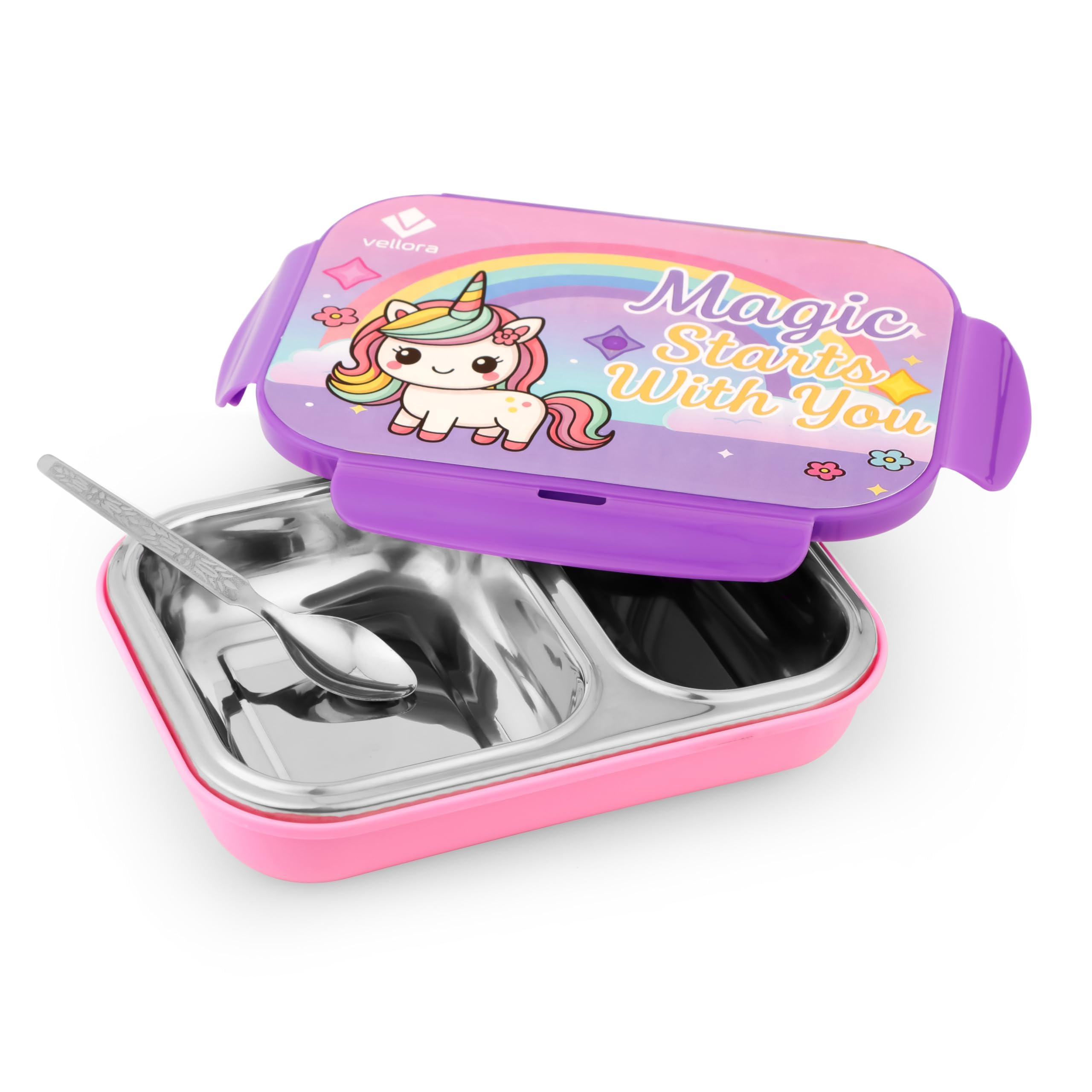 Stainless Steel Lunch Box for Kids, Boys & Girls, Unicorn Design with 2 Compartments, Leakproof Tiffin Box for School, BPA-Free, Easy to Carry & Clean, Multipurpose Lunch Box for Outdoor Use-image-1