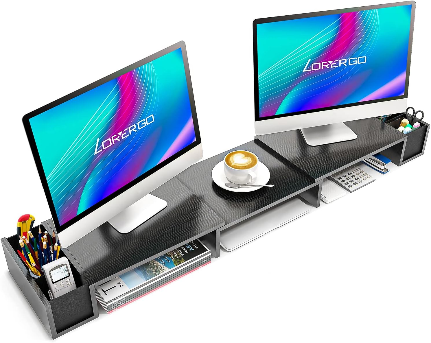 LORYERGO Dual Monitor Stand Riser - 3 Shelf Screen Laptop Stand with Storage Accessories Slots, Length and Angle Adjustable Desktop Stand Storage Organizer for Computer, Laptop