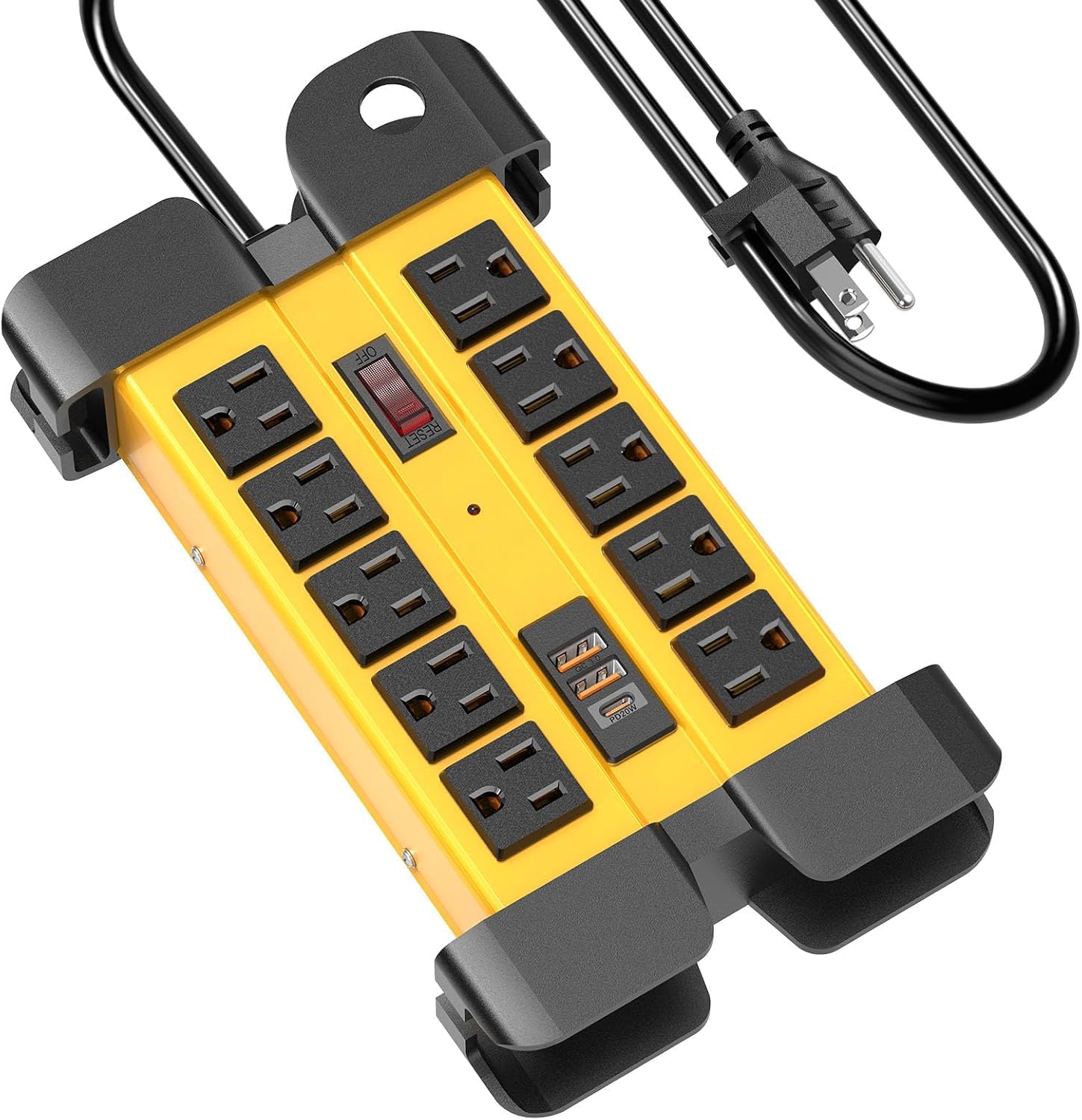Regleta de alimentación de 10 tomas, protector de sobretensiones de 1200J, regleta de alimentación de metal con carga rápida USB, regletas de alimentación montables de 15 A/1875 W con interruptor