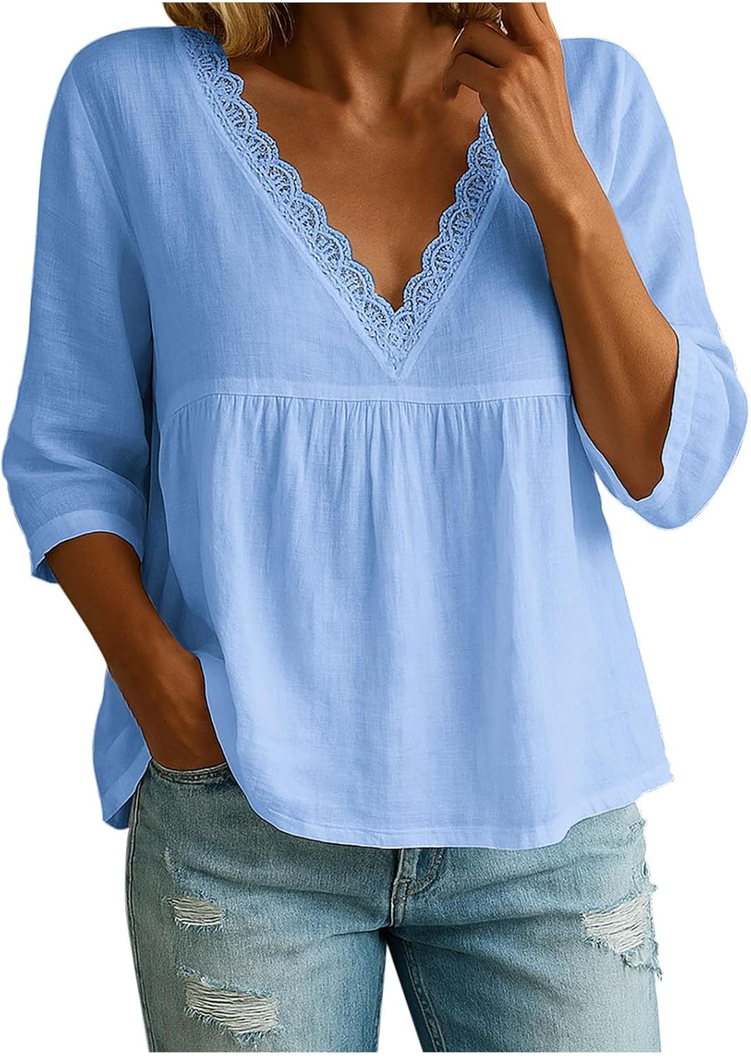 3/4 Length Sleeve Womens Tops Lace V Neck Dressy Casual Loose Peplum Blouses Fall Summer Outfits Spring Clothes