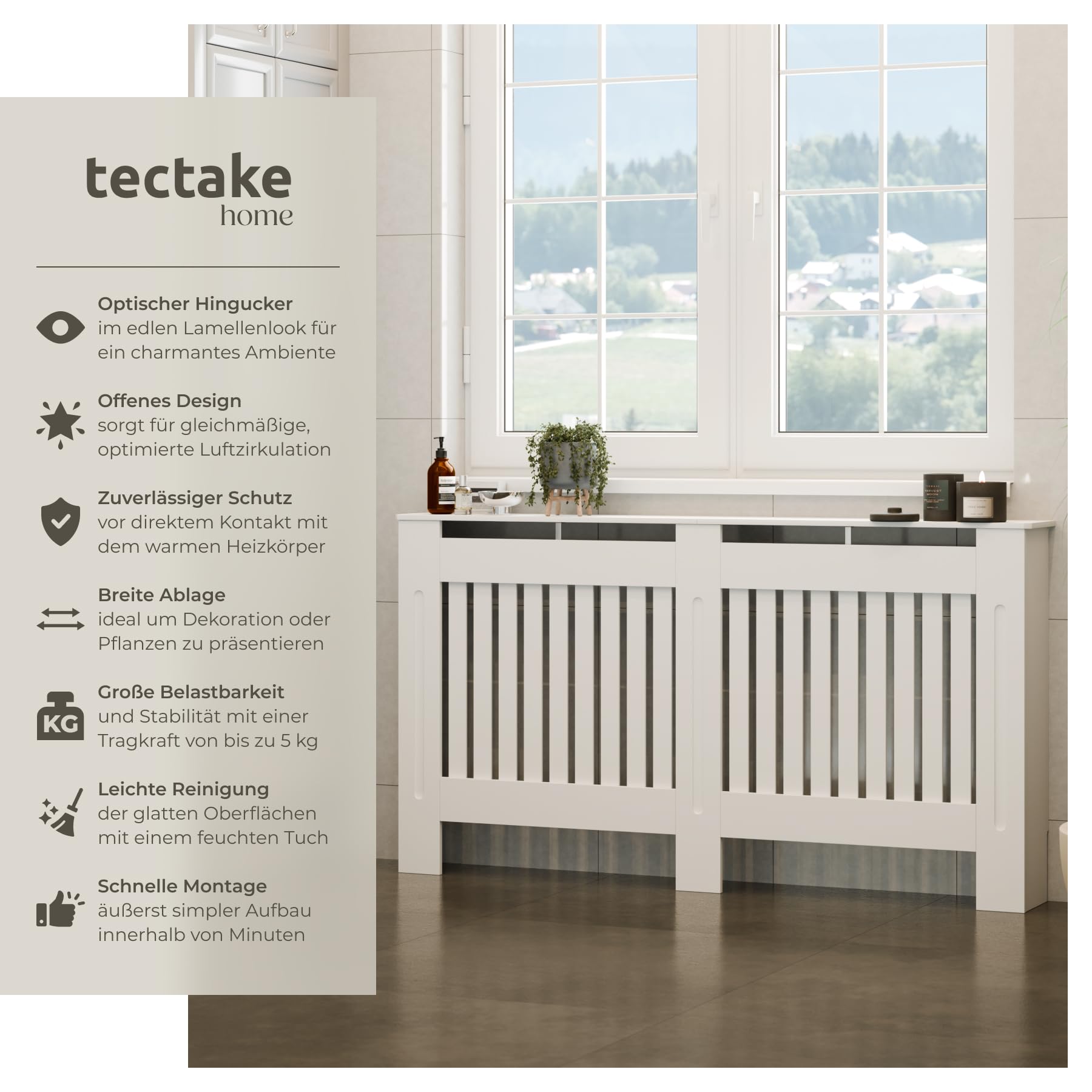 tectake® Heizkörperverkleidung, Holzverkleidung MDF, Heizungsverkleidung weiß mit Lamellen, Heizkörperabdeckung, Heizungsabdeckung, Verkleidung für Heizkörper, skandinavisch