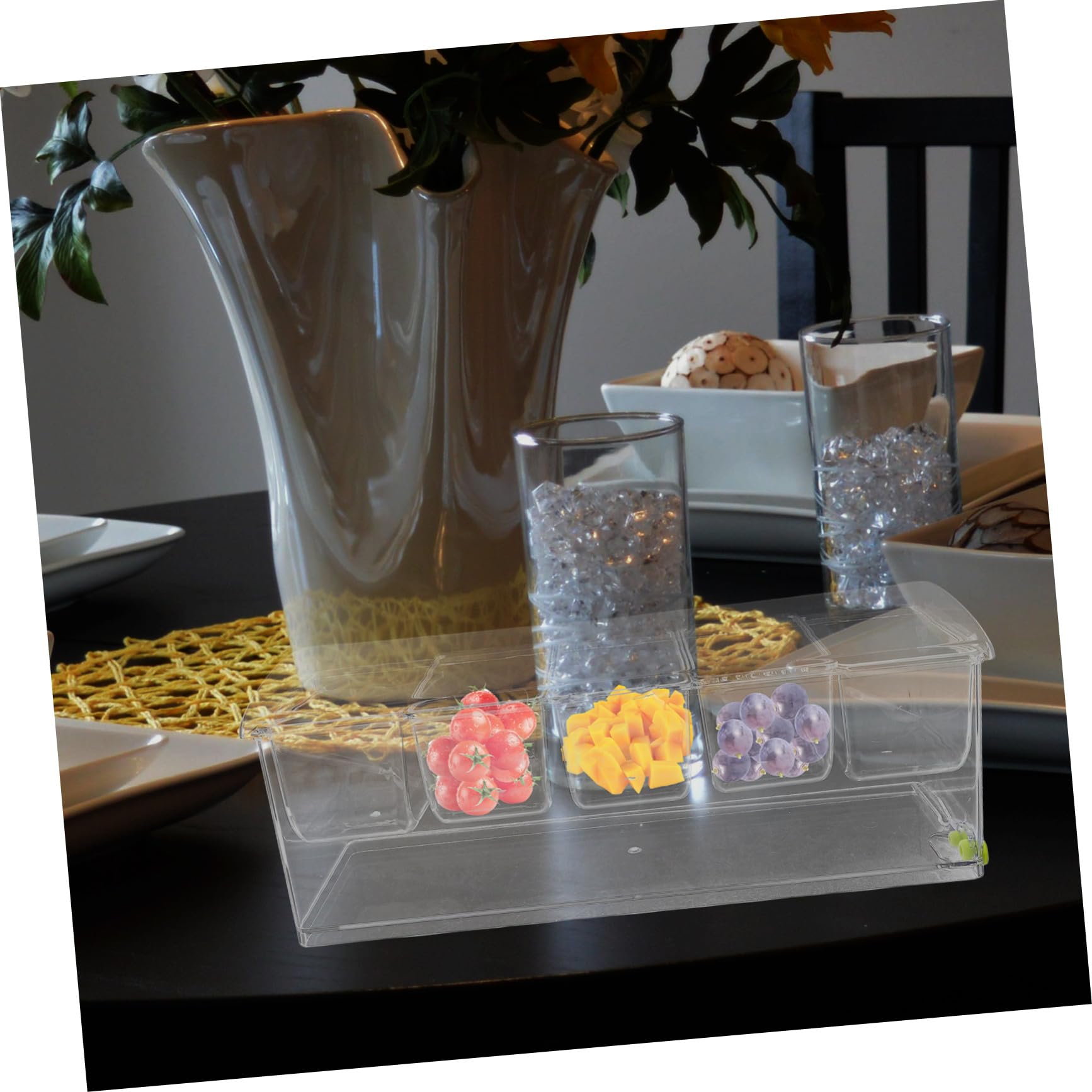 Zerodeko Vassoio Refrigerato per Condimenti in Pet con 5 Scomparti, Coperchio e Accessori, Materiale Resistente per Conservare Freschezza, per Eventi di Catering e Bar Insalate