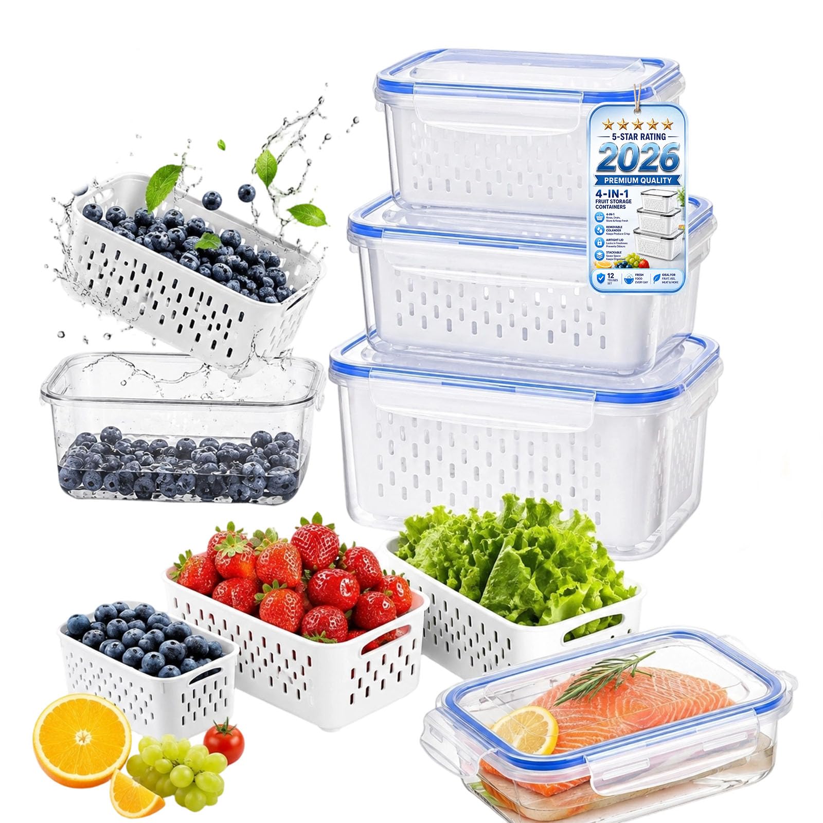 4-in-1 Fruit Storage Containers for Fridge, Berry Storage Containers with Removable Colander and Airtight Lid, Produce Keeper Drain Basket for Salad, Vegetables, Meat and Fresh Food (S+M+L,BLUE)