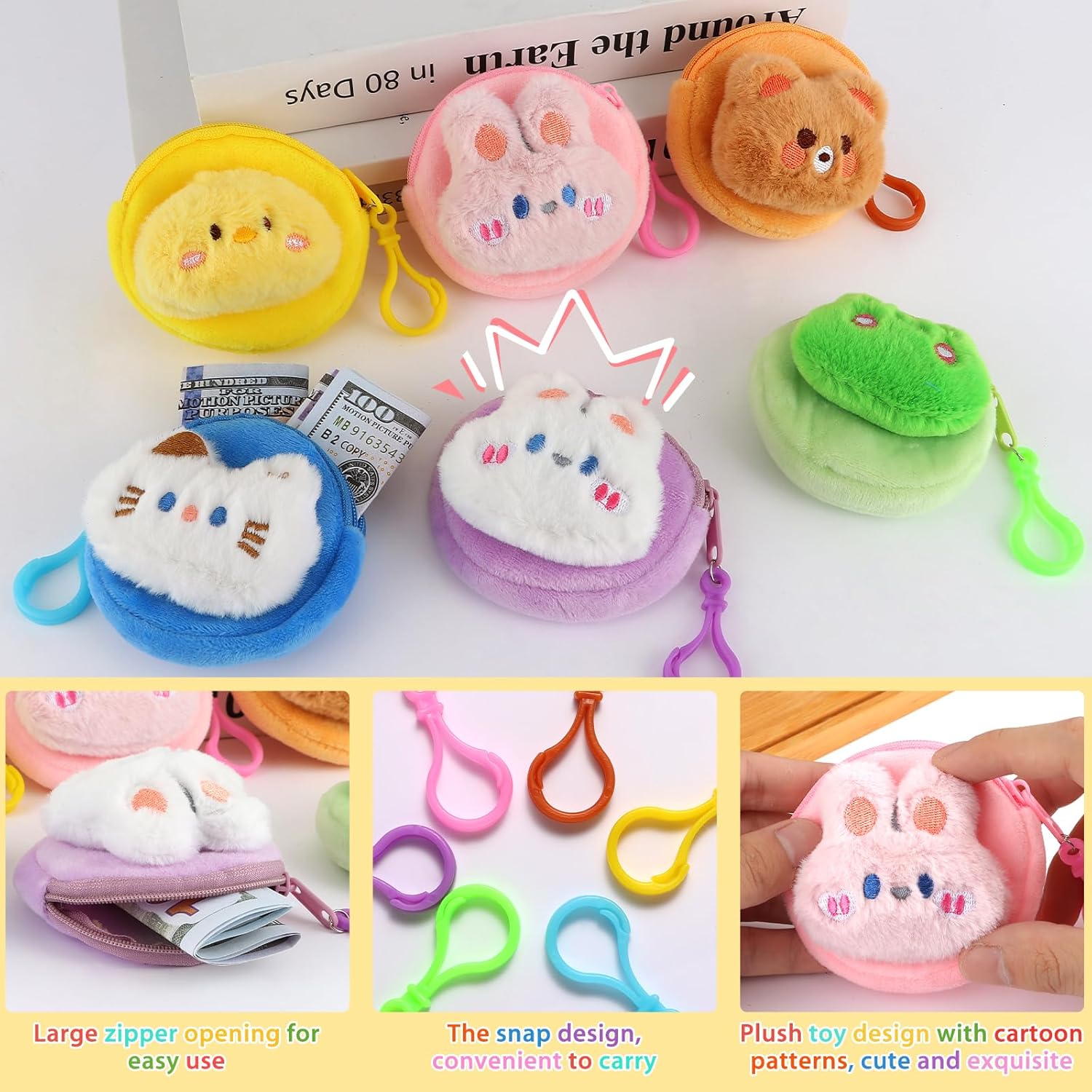 24 Pcs Cute Coin Purse for Women, Kawaii Plush Coin Pouch, Mini Wallet with Zipper Keychain, Small Change Purse for Women on Back to School Halloween Christmas Exchange Gifts - Image 4