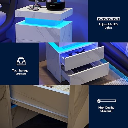 Miniatura 4 de Mesitas de noche LED, mesa auxiliar moderna con 2 cajones, muebles de dormitorio LED para dormitorio y sala de estar, patrón de mármol blanco