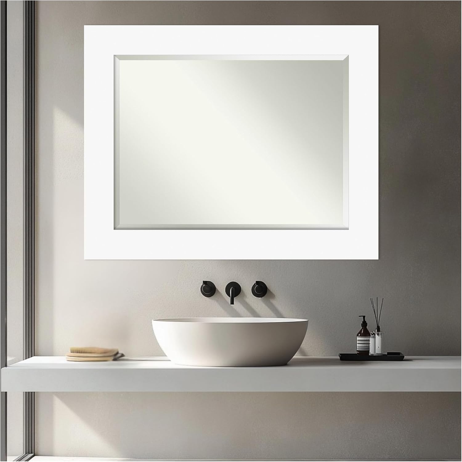 Amanti Art Bathroom Mirror for Over Sink, Vanity Mirror, Wood Frame, Hangs Horizonally and Vertically, Bathroom Wall Decor, Beveled Edge
