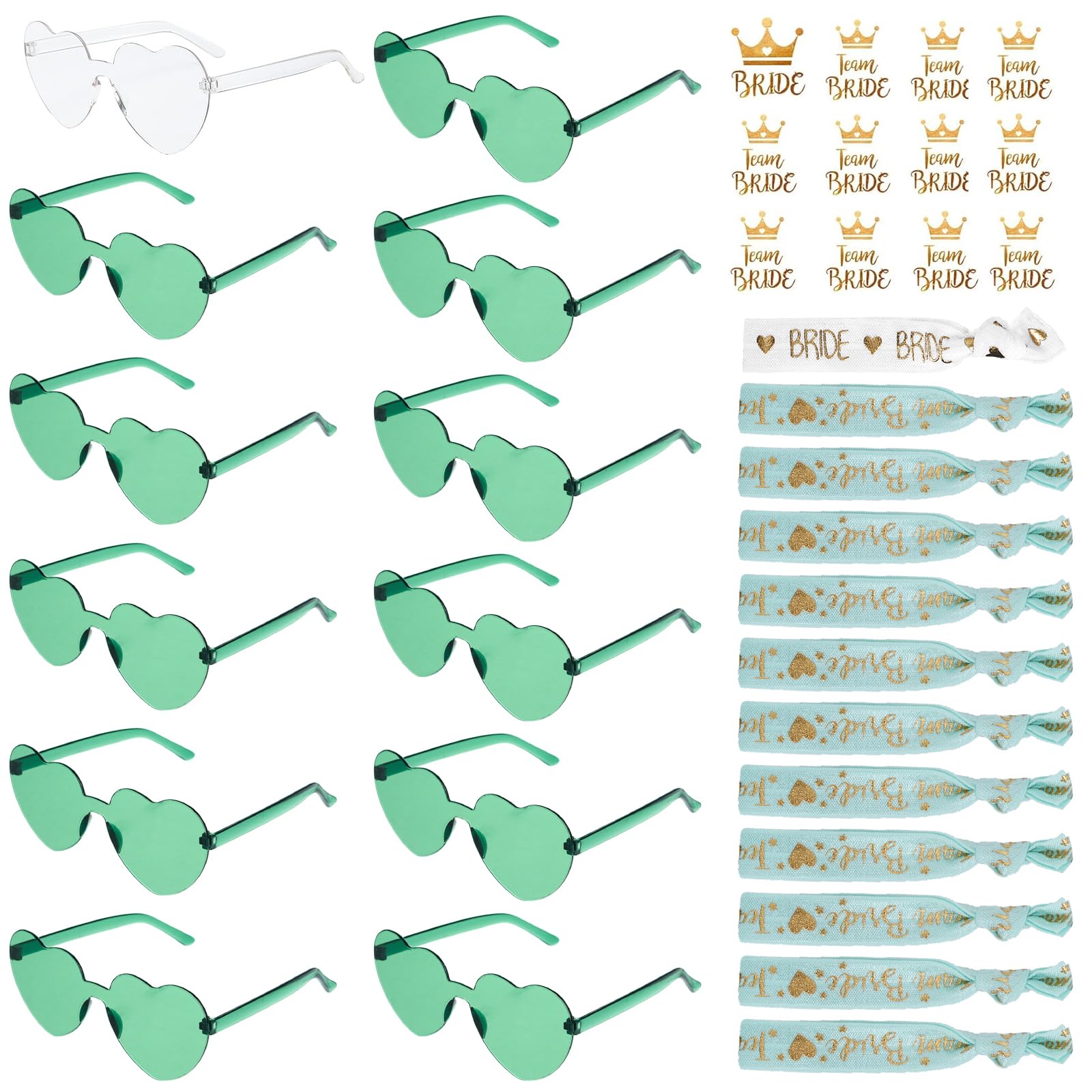 LXYANW 36 Piezas Gafas Despedida de Soltera Bride Team Pulseras Pegatinas Set, 12 Gafas Corazon + 12 Pulseras Bride Team + 12 Pegatinas, Despedida de Soltera Accesorios (Verde)