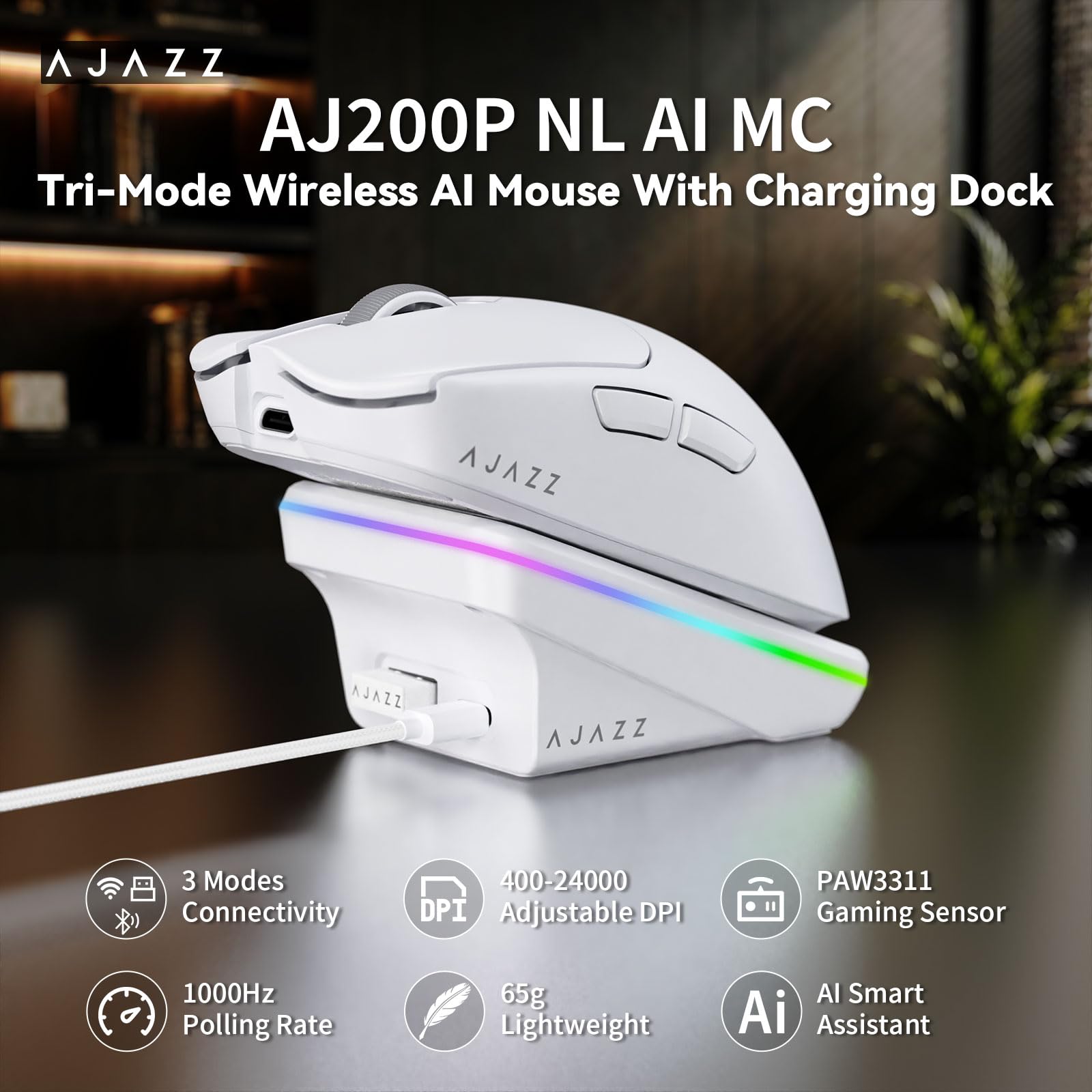A.JAZZ AJ200P Mouse da Gioco Wireless con Prompt AI & Base di Ricarica RGB | Tri-Mode BT/2.4G/Cablato Leggero con Digitazione Vocale AI, Sensore PAW3311, 24K DPI, 1000Hz per Ufficio/Gaming - Bianco