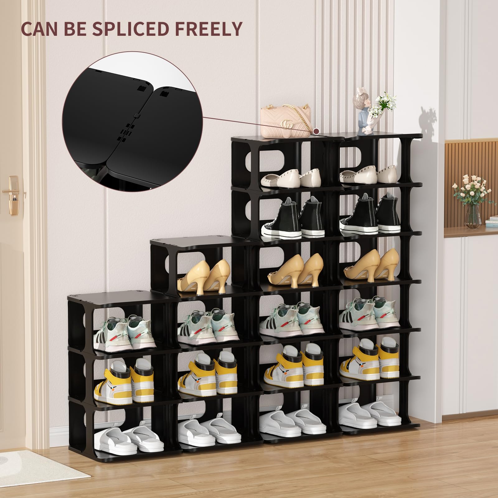 Zapatero vertical negro de 14 niveles para entrada de puerta delantera, organizador de zapatos alto para espacios pequeños, armario estrecho y pequeño estante para zapatos, estante de pie libre 4