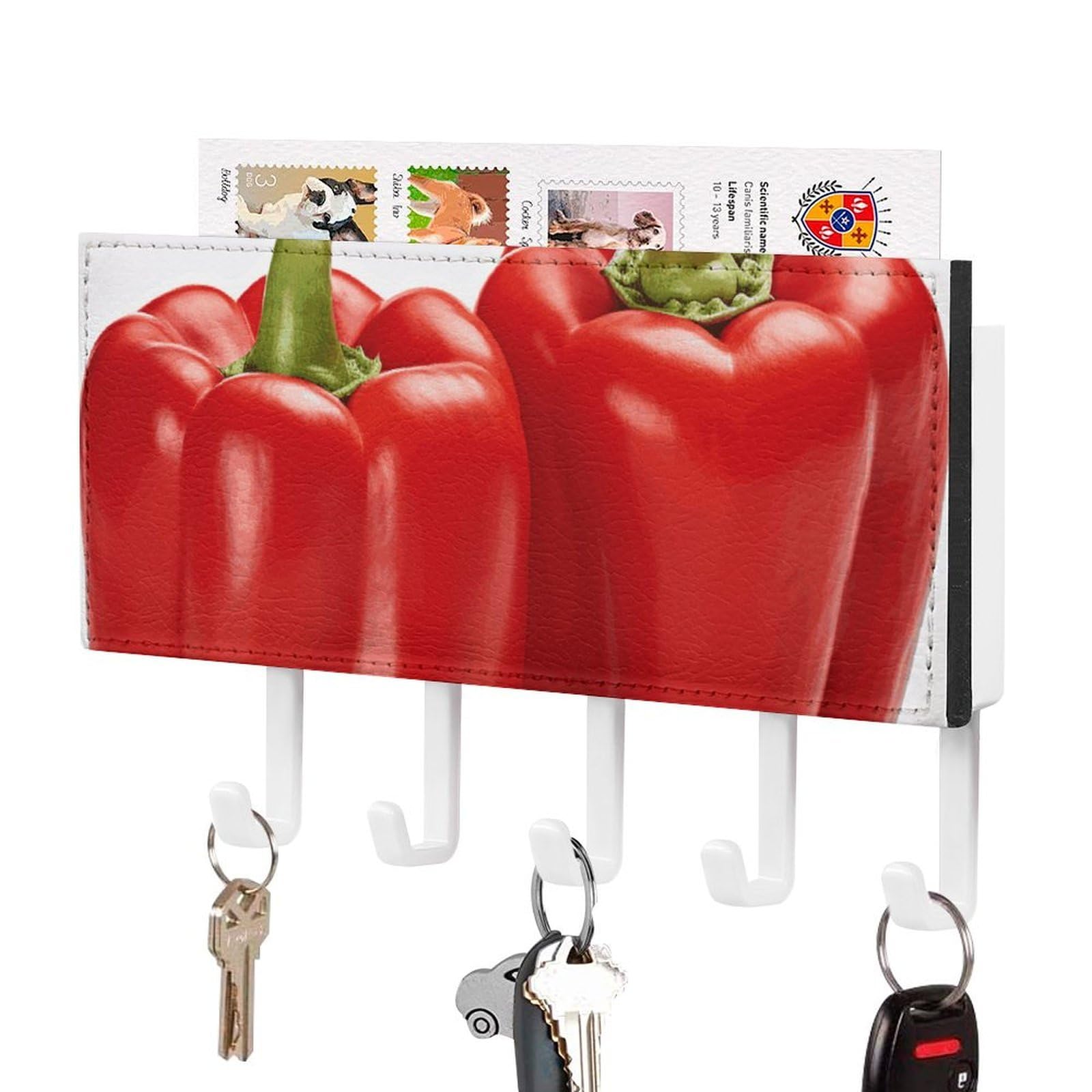 Colgador para llaves de pared anticaos con 5 ganchos y diseño de pimientos para la entrada