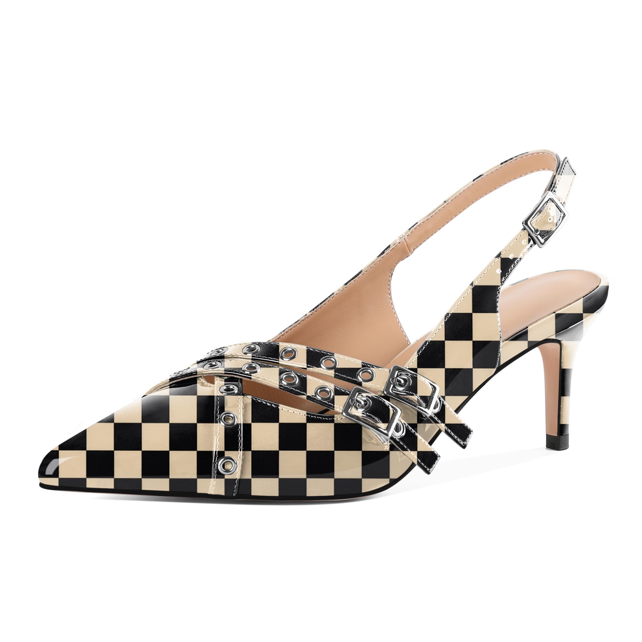 Eldof Women Slingback Heels Buckle Strap Pointed Toe Slip On Kitten Heel Pumps Shoes Dressy Studded Eyelet 2.5 Inches