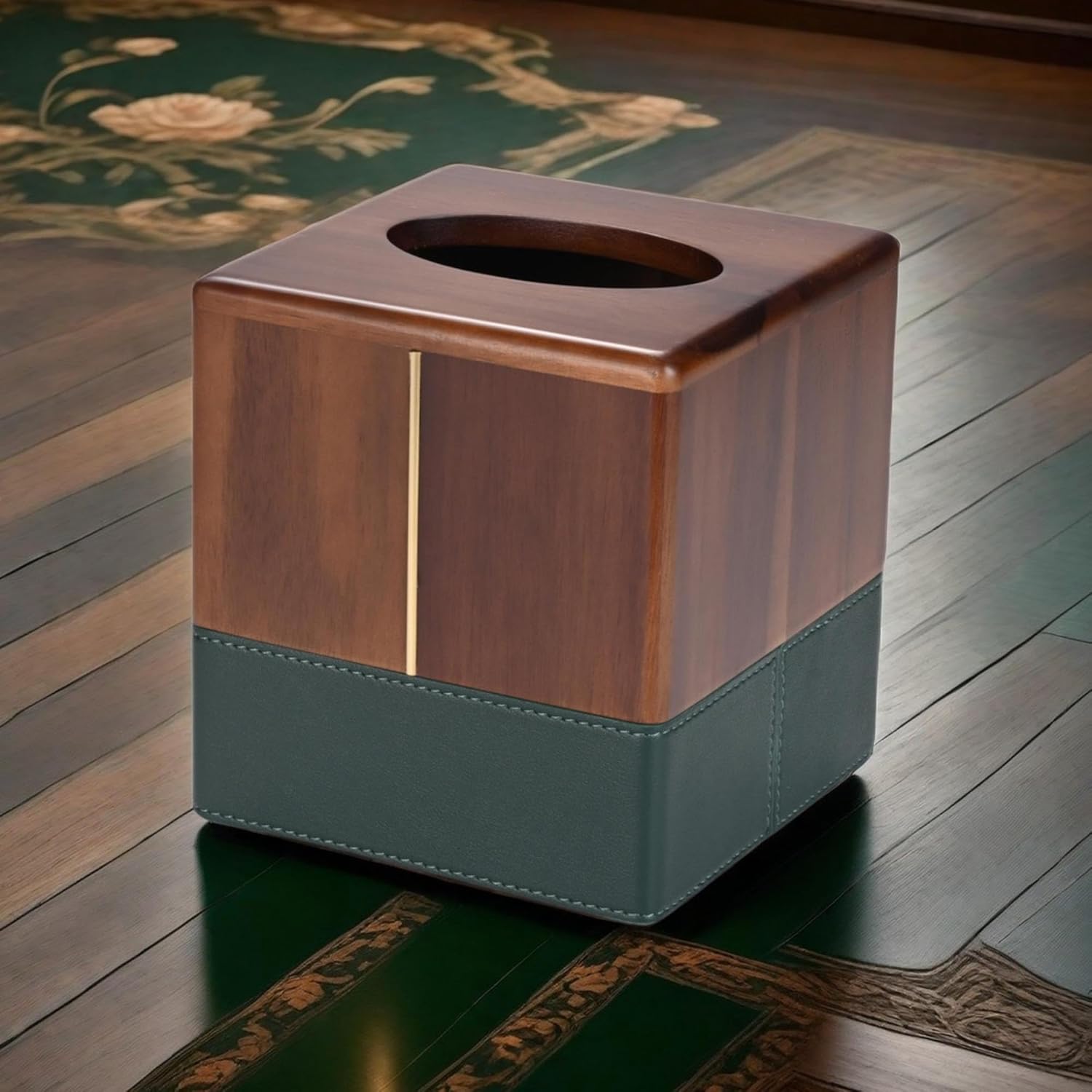 MIHIRO Acacia Wood Tissue Box Cover with Leather Wooden Facial Tissue Holder Square, Standard Size for Living Room Bedroom Dresser Hotel Bathroom Vanity Counter Office Desktop, Walnut Brown (Chestnut)