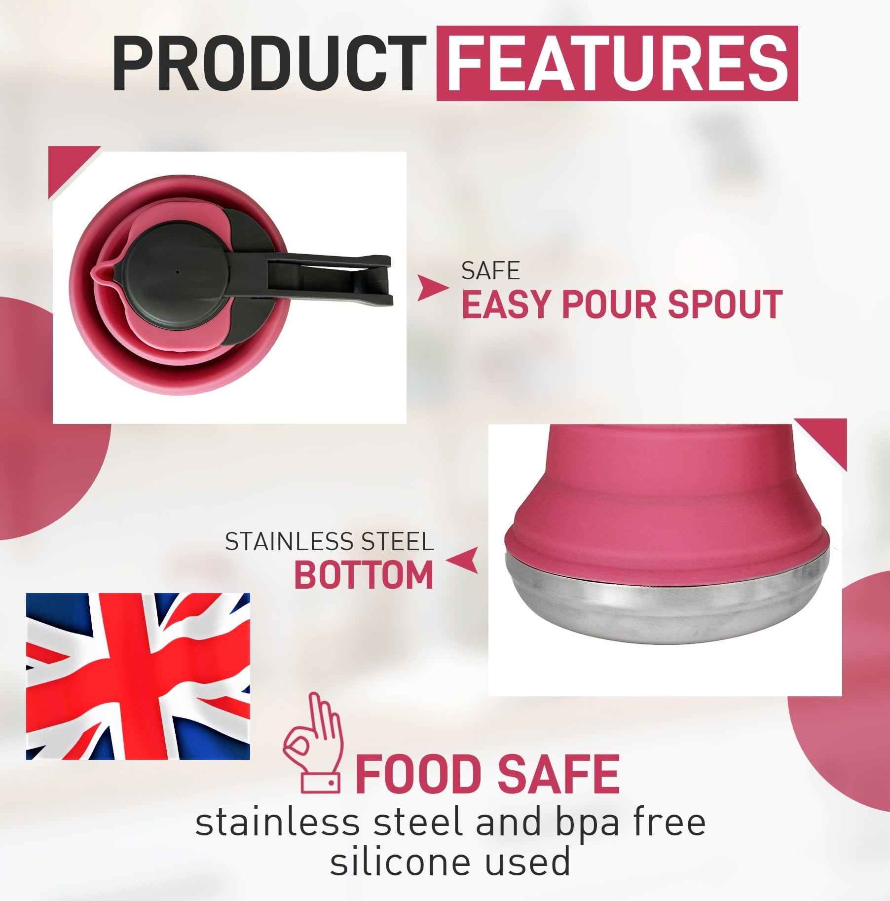 Heather Bollitore da campeggio pieghevole in silicone, 1,5 l, bollitore pieghevole per acqua bollente, piccolo bollitore portatile in silicone per fornello a gas, pentola da campeggio, caravan, rosa
