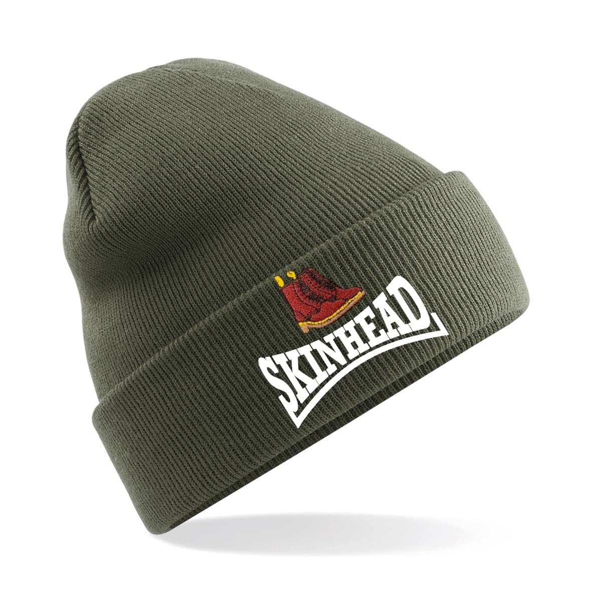 Skinhead Doc Boots Embroidered Beanie Hat, Bob Hat British Skin Head (Olive)
