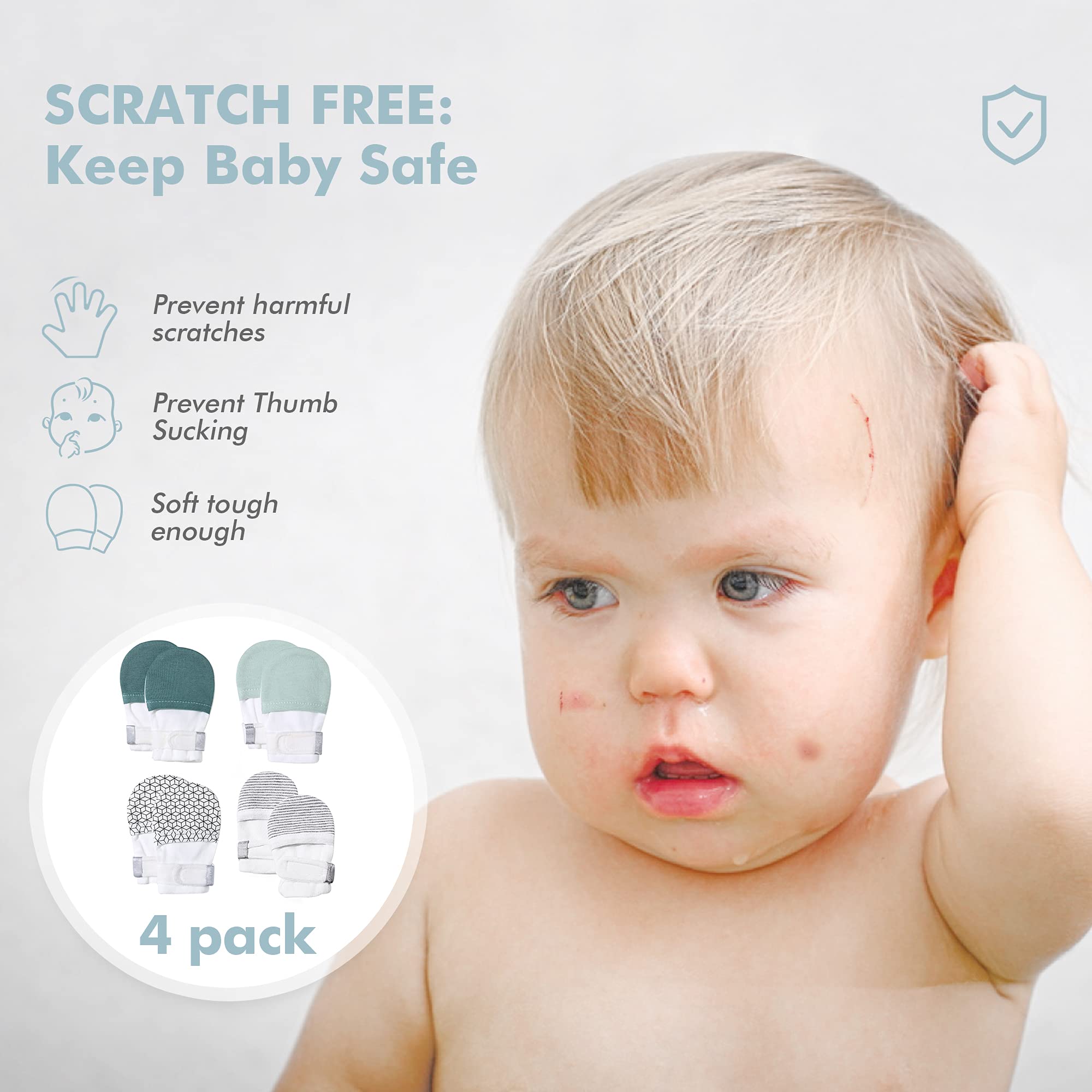 HAPIU Baby Mitten, 4 pack, Geometry&Grey Stripe&Emerald&Sage, 6-12 Months