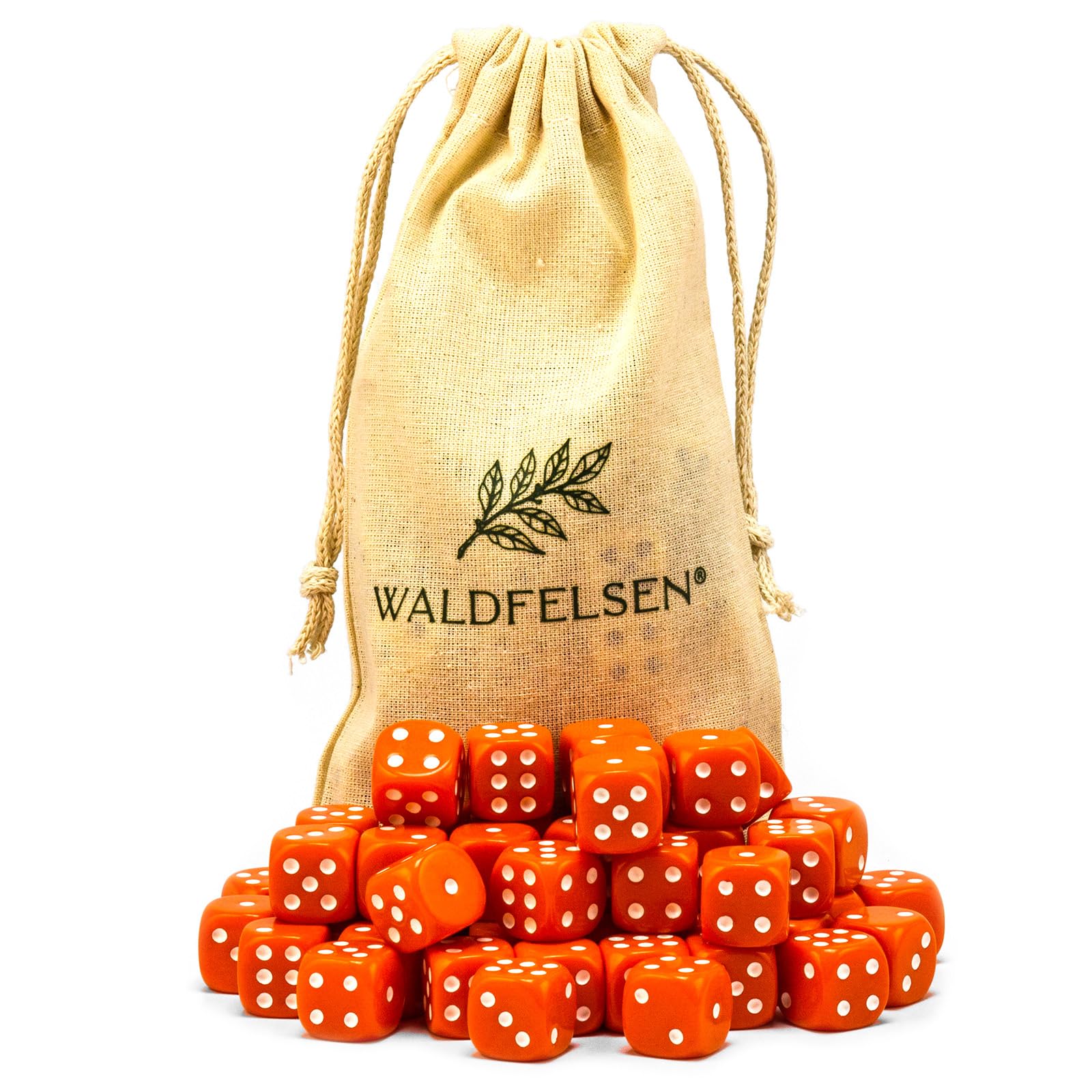 Waldfelsen® Acrylic Dice, 50 Orange 16mm Hexahedron Puzzle Play Cube Dice Set with Fabric Bag