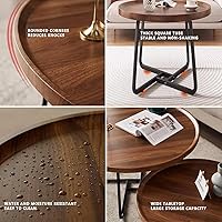 Vista 3 de Juego de 2 mesas de centro redondas anidadas, de 28 pulgadas de nogal con acanaladas, modernas de mediados de siglo, centro para sala de estar