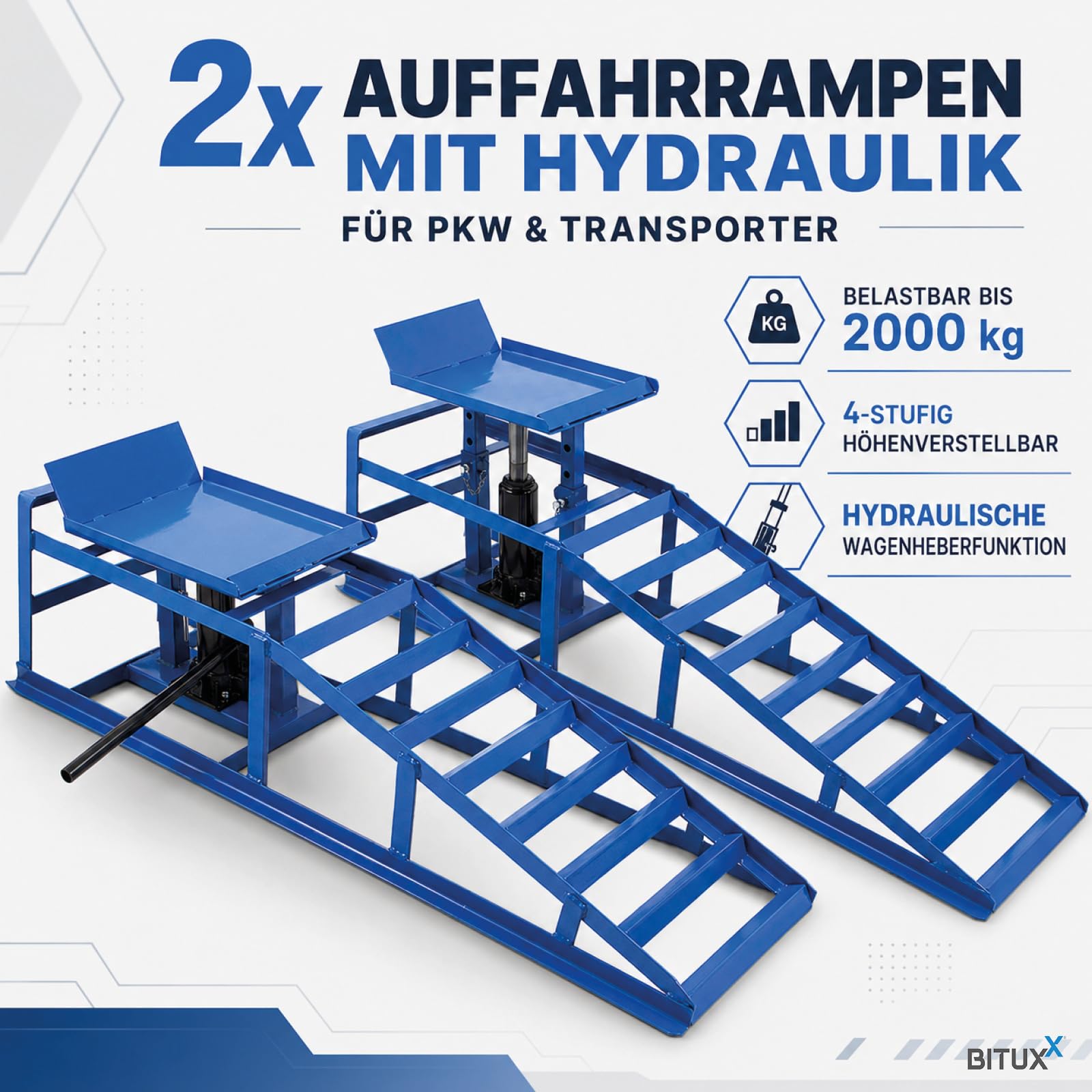 BITUXX 2 Stück Auto PKW KFZ Auffahrrampen Set mit Wagenheber hydraulisch Höhenverstellbar Wartungsrampe Hebebühne Rampe Auffahrrampe Auffahrbock