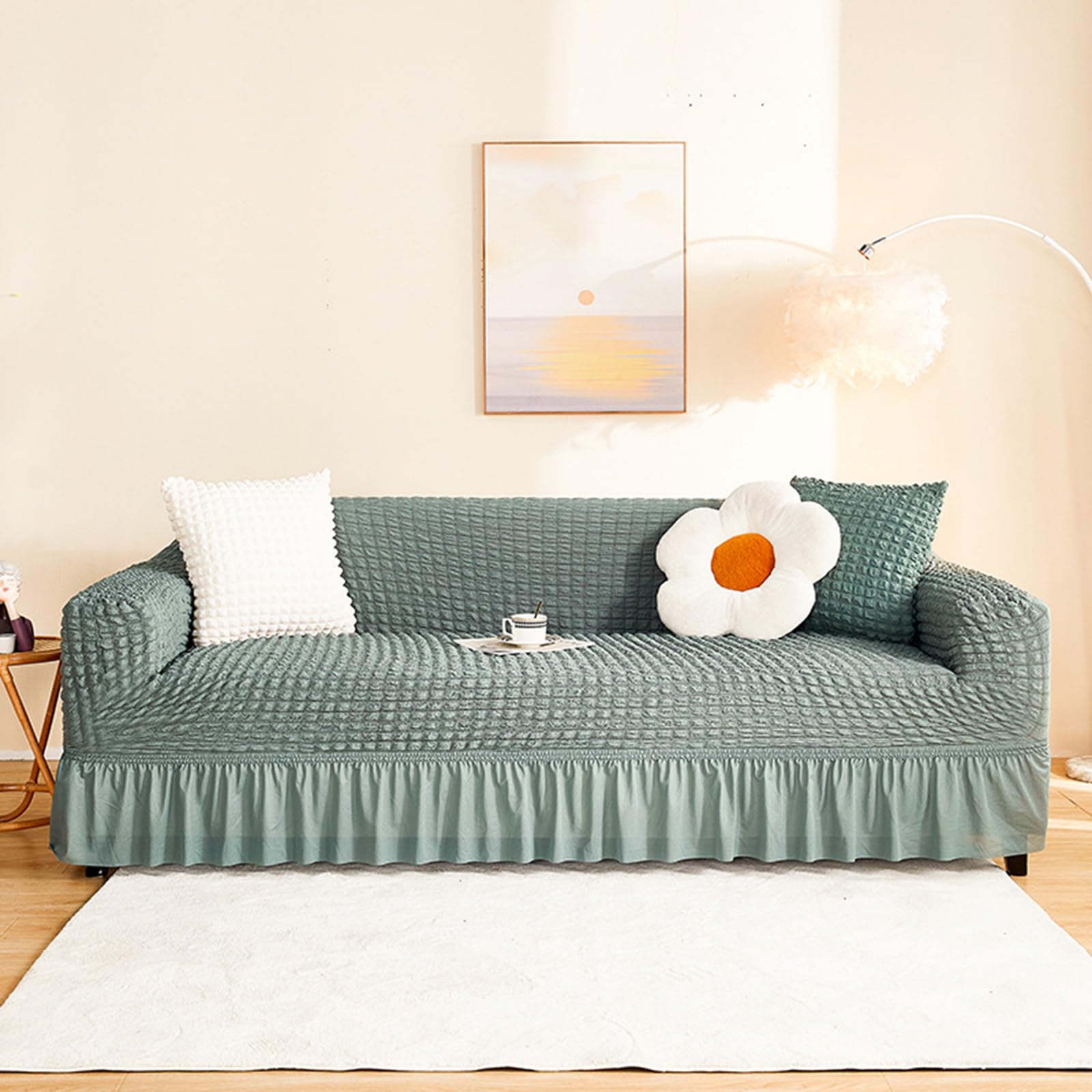 JIXINHEKEJI Stretch Seersucker Sofa Cover Instant Makeover, Non-Slip Soft Washable Couch Slipcover With Elastic Bottom And Skirt, Furniture Protector For Pet Ha(Size:1 seater (90-140cm),Color:Green)