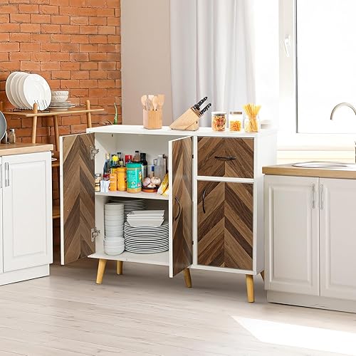 Miniatura 2 de SIHANM Armario de almacenamiento vintage marrón de 2 puertas, gabinete de acento de mediados de siglo, aparador independiente con estantes, gabinete