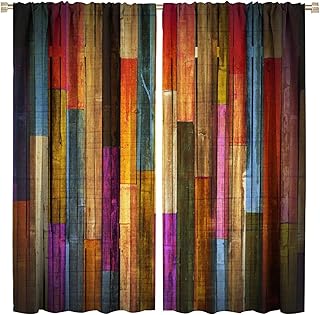 Modern Colorful Wood Plank Curtains, Vintage Rural Farmhouse Barn Old Wooden, Thermal Insulation Rod Pocket Room Darkening Window Treatments for Living Room Bedroom Bathroom 42x45 Inch