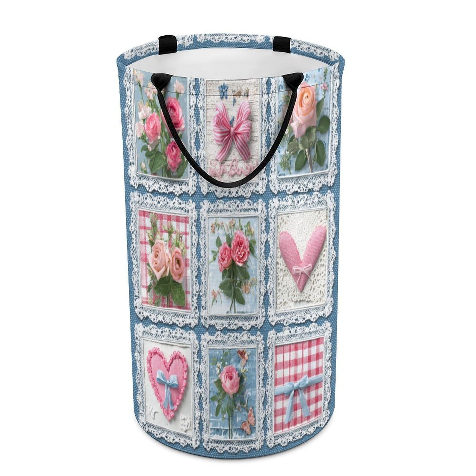 LUYYSKY Geometric Abstract Pink Roses Collapsible Dirty Clothes Basket, Fantasy Realistic Plants Roses Flowers Bows Pattern Portable Clothes Storage Basket