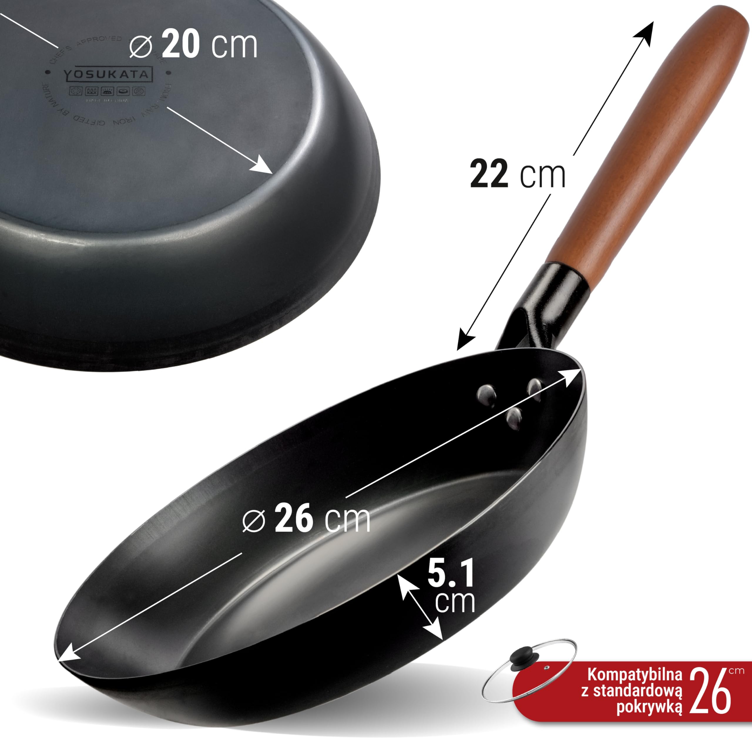 YOSUKATA Patelnia z Węglowej Stali Bez Powłoki z Odpinaną Drewnianą Rączką 26 cm – Odporna na Wysokie Temperatury, Do Indukcji i Zdrowego Gotowania - Patelnia do Smażenia na Wszystkich Typach Kuchenek